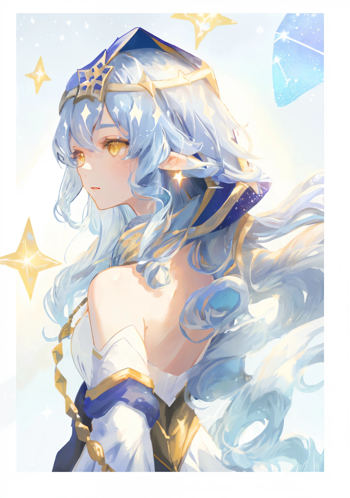 1 girl solo, long blue hair, yellow eyes, blue and white dress, blue hood, detached sleeves, white leggings,high details, high quality,back light,hair and clothelower,upper body ,high quality,hair with body ,webbed dress, upper body, light particles, wavy hair ,diffusion lighting, abstract, stars and sparkles, golden lines, detailed, white background