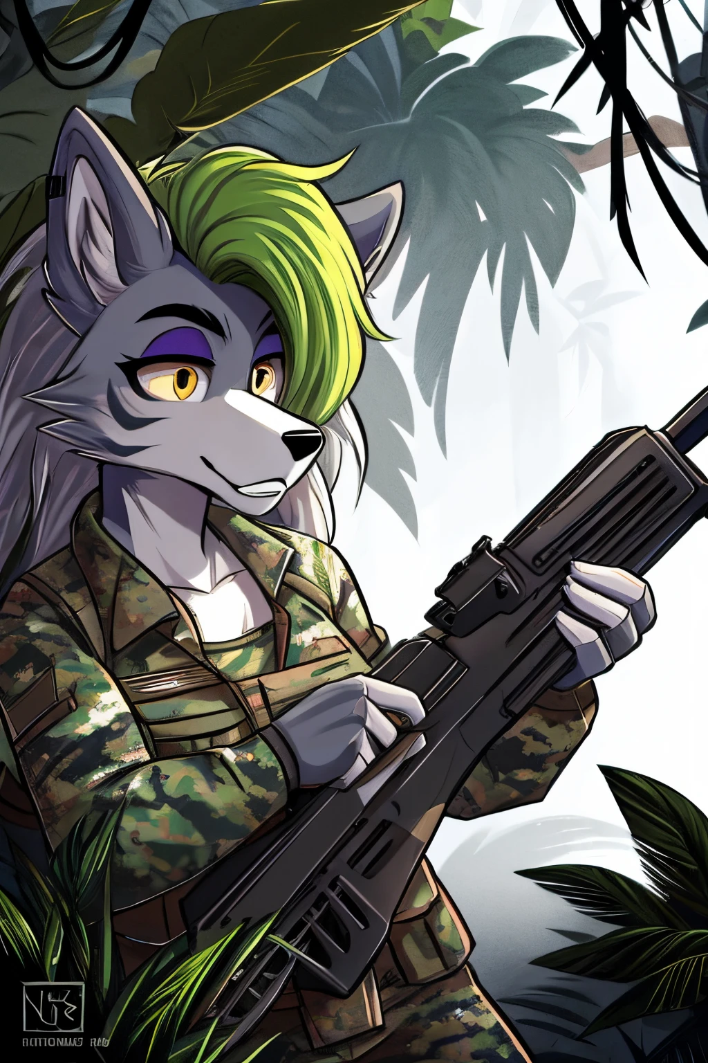 best quality, fnafroxanne, furry female, body fur, makeup, wolf ears, wolf tail, grey hair, green hair, yellow eyes, clear image, wearing a U.S. military uniform (Vietnam War era), Jungle camouflage, M16 rifle, Dense jungle environment,Determined and focused expression, black and white filter