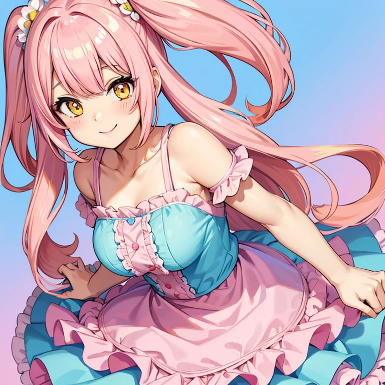 anime girl, kawaii, cute, long pink pastel hair, classic bangs, pink and blue frilly dress, yellow eyes with blue and pink tints, smiling, pink background