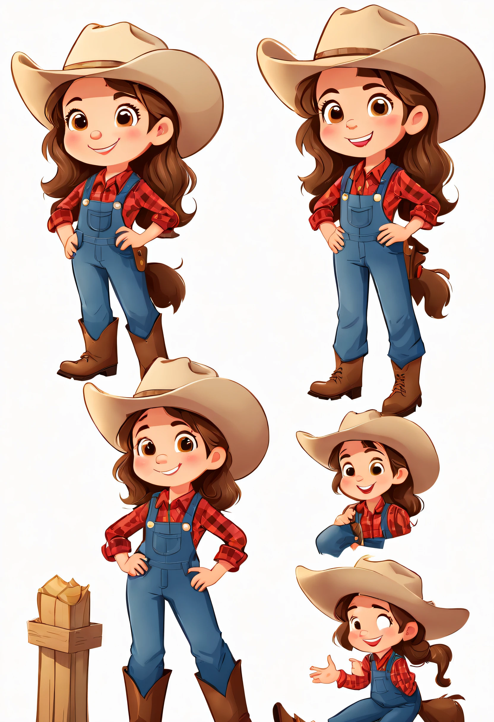 Menina agricultora, multiples poses and expressions, fundo branco, Children's book illustration style, simples, fofo, 6 anos, CORES BRIHGT, cabelos castanhos longos, pele clara, roupas de fazendeiro, jumpsuit and plaid shirt, cowboy hat, Feliz, corpo inteiro