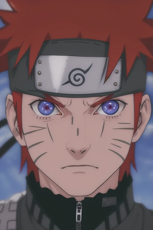anime character with red hair and blue eyes in front of a blue sky, pain from naruto, from naruto, akatsuki akira, joker looks like naruto, joker as naruto, fully red eyes no pupils, naruto artstyle, kakashi hatake, perfect anime face, in a anime masterpiece, naruto, as an anime character, naruto uzumaki, shinobi