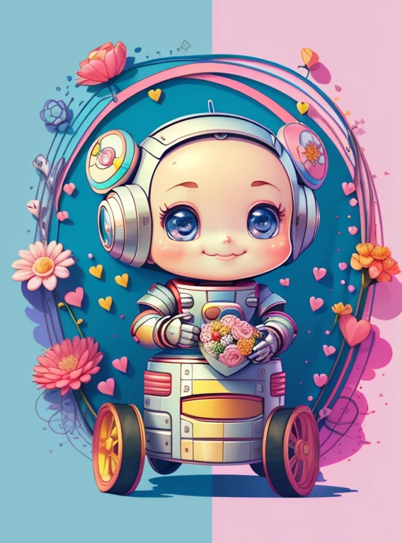 (cute baby robot smiling with wheels and hearts, flowers) Munchkin ,Geometric multidimensional wall portrait, livro de arte, Tchibi,
Yang08k, Beautiful, Colouring,
Obras, of the highest quality, best quality, Arte Oficial, Beautiful and Aesthetic,