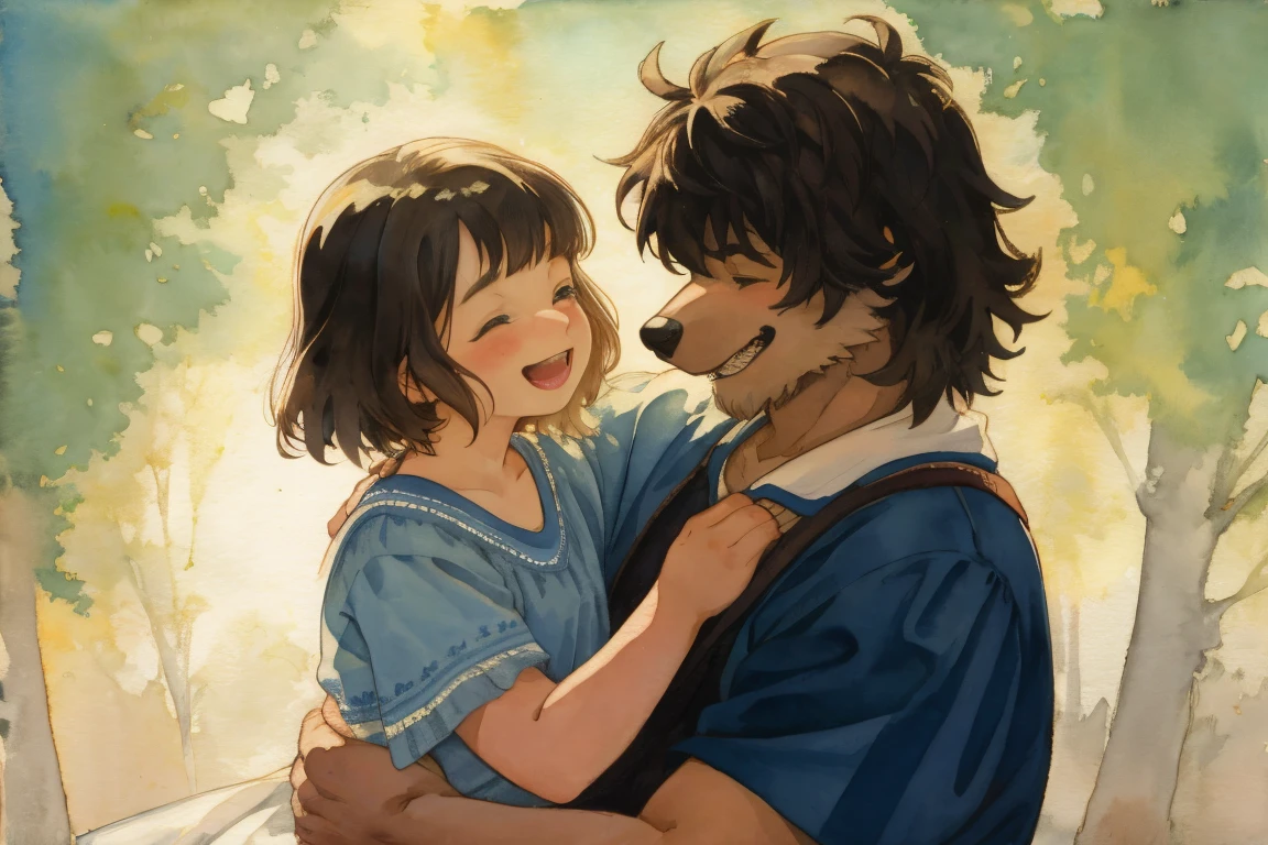 cover page, highres, top quality, best quality, paid reward available, unparalleled masterpiece, perfect artwork, absurdres, High-quality illustrations, watercolor, soft color, Vintage images, highres, unparalleled masterpiece, absurdres, love story of human Child girl and giant Werewolf, love romance, family photograph, pair, Height difference, Physical difference, perfect anatomy, smile, joyful, play with, smile, happy, watercolor,