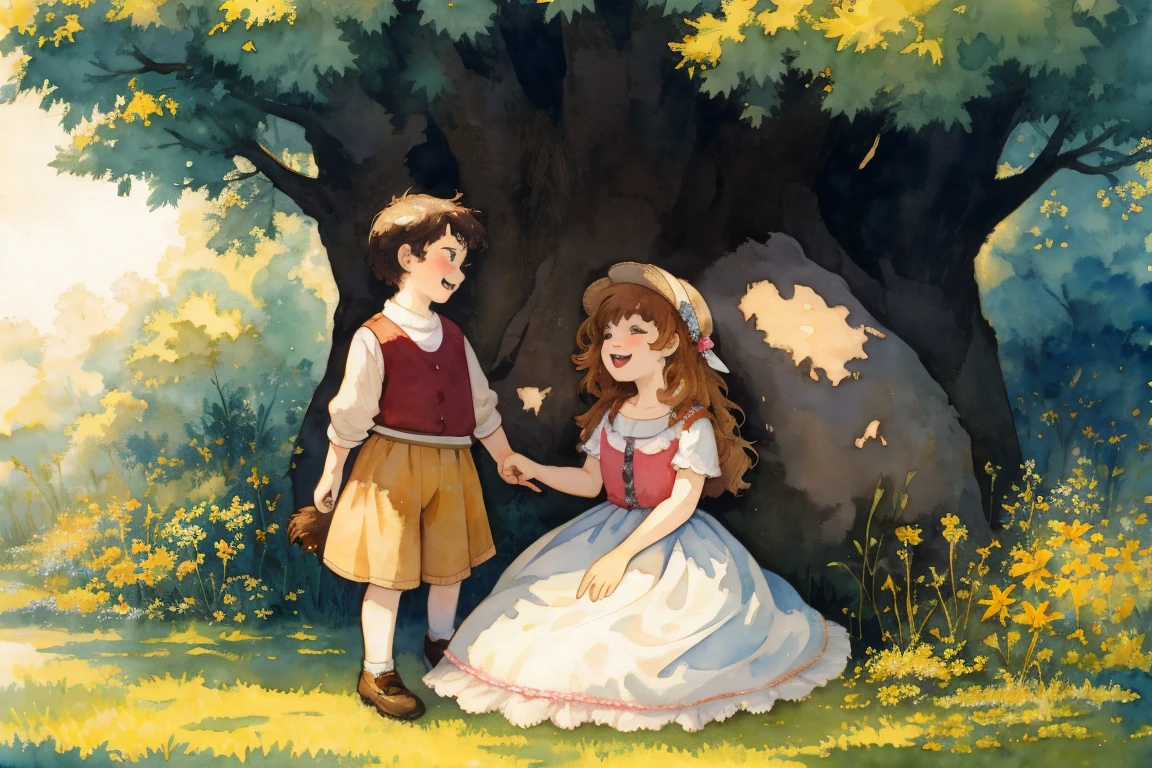 cover page, highres, top quality, best quality, paid reward available, unparalleled masterpiece, perfect artwork, absurdres, High-quality illustrations, watercolor, soft color, Vintage images, highres, unparalleled masterpiece, absurdres, love story of human girl and giant Werewolf, love romance, family photograph, pair, Height difference, Physical difference, perfect anatomy, smile, joyful, play with, smile, happy, watercolor,