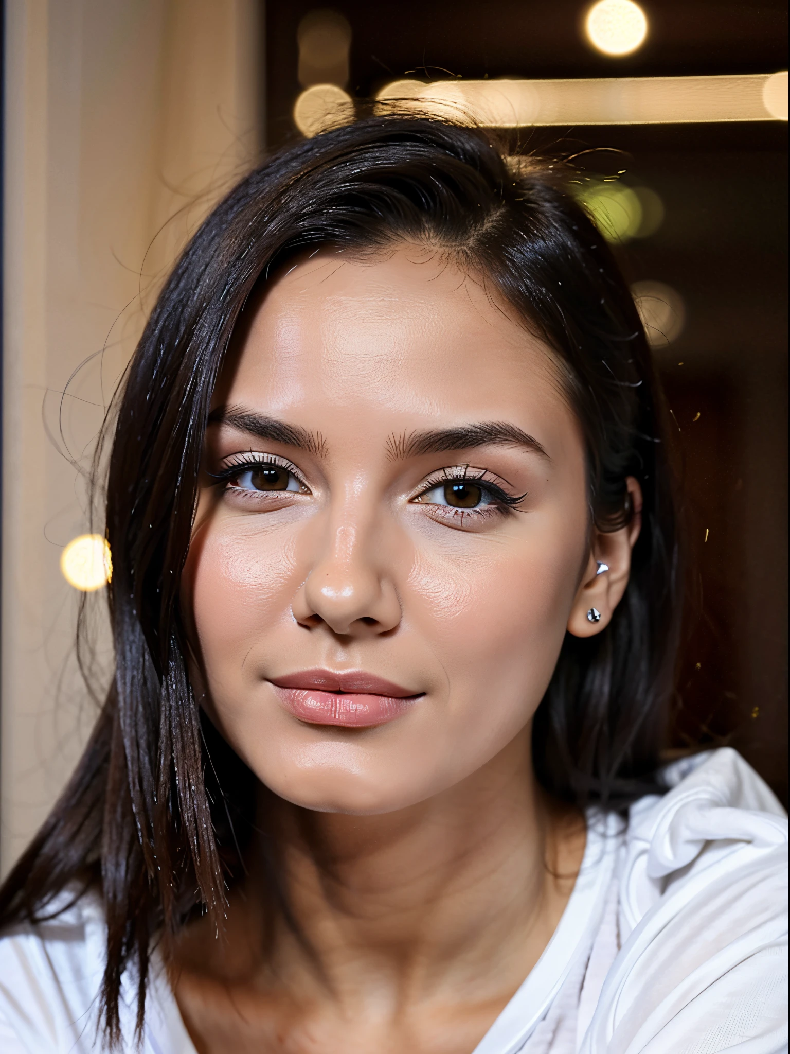 (8K), realistic, gorgeous woman, stunningly beautiful woman, beautiful long black hair, beautiful brown eyes, round face shape, the most beautiful woman in the world, ((very thin eyebrows)), very beautiful delicate thin and small nose, prominent cheekbones, white backdrop