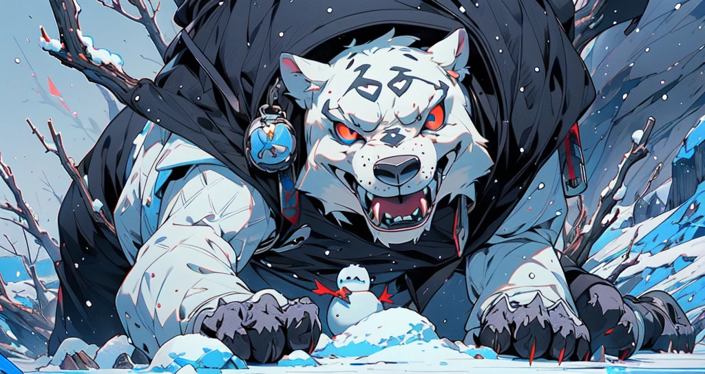 01_(Epic character).(One in the frame). (Huge block of snow). (Big - scary snowman). Horizontal composition, with some offset from the center-wide format. (A large body of snow, an awkward mass of snow, composed of three rounded snow blocks). (Living creature, in a fighting pose, decisive nature, threateningly scary). (Snowman, a fantastic fantasy image, a creature created from snow, created for battles, attacks and intimidation). (In thick snowy paws, he holds an  ax, on a long handle, made of , a very powerful weapon, large - at full height). (The  body of the monster consists of three  blocks - a typical design of a snowman, strength and power live in it, it  ready to attack). (The body  covered with imitation armor, old car bumpers, headlights, license plates, hung on a snow uniform - symbolize armor, metal armor). (A frightening muzzle, in an animation style, with a cheerful grin, a snowy mouth gaping in a smile, an icicle, crazy eyes glowing with blue light, a black felt hat on the head, decorated with trinkets and amulets). (This  an epic character in animated style, animated film).
02_The composition  located in a horizontal frame, in the hand  a powerful  ax. Eliminate symmetry, the main mass of the hero  not placed clearly in the center - with a slight offset, Mood, fairy tale, magic, absurdity, fighting stance, and powerful snow form.
03_ Cold range of lighting, evening, snow storm, elements, gusty wind, slanting snow whirlwinds,  patterns on the background, dark blue, snowy background. Contrasting, clear lighting, warm magical light, clear cold shadows, contrasting image. , snow, snow decor, intricate patterns, and  ornaments on the body. The highest image quality, a masterpiece, computer graphics. Cinematic level of performance, animated film. HD quality, wide format, 8K. , Unreal engine.