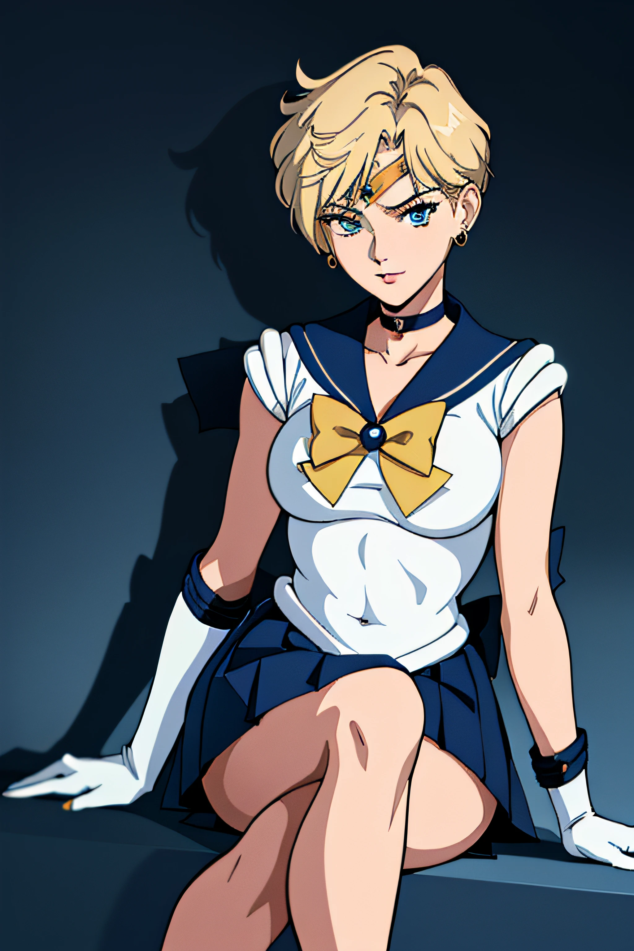 (La mejor calidad:1.1), (Obra maestra:1.4), (absurdos:1.0), retrato, primer plano,1girl, Marinero Urano, KizukiAi, Mujer madura, small breasts, aqua eyes, cabello rubio, Uniforme Sailor Senshi, Collar de marinero, arco de pecho, Arco trasero, Falda suplicante, Guantes blancos de codo, big booty, Ultra minifalda , jewely, Pendientes, falda plisada , Collar marinero azul, minifalda, gargantilla, gargantilla azul, Guantes blancos, pelo corto, jewely, Pendientes, sentada, Piernas cruzadas, muy sexy. PIERNAS ENROSCADAS, Show loot