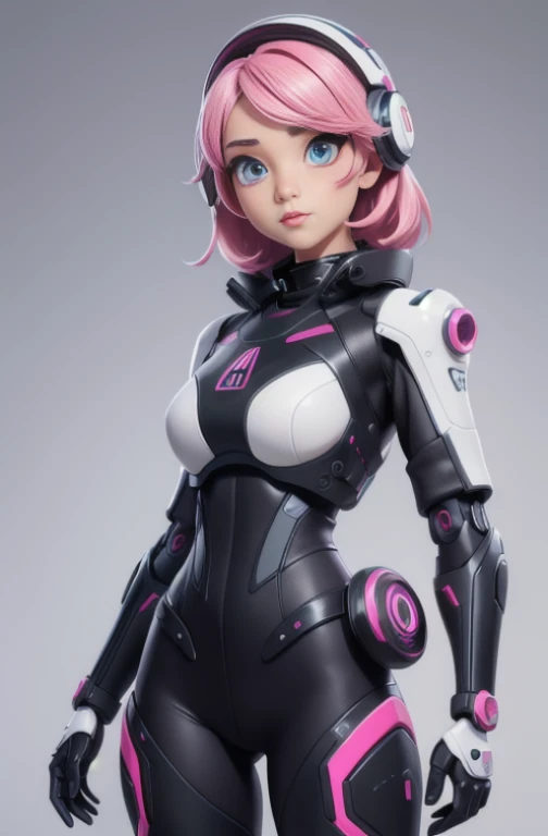 Girl, dark color matching, grey futuristic denim fabric top, pearl legs, white auxiliary robotic arm, pink hair, black and white Mechanical helmet, metal-coated mechanical texture, Exoskeleton Mech, unopened sci-fi style illustration art, black and white Mechanical Background, Mechanical Gloss, Wreck, Perfect facial Detail, Best Quality, Official Art, 8k wallpaper, High Detail, Illustrations, Detailed eyes, luminous decoration, Best quality, Official art, 8k wallpaper, High detail, illustrations, Detailed eyes