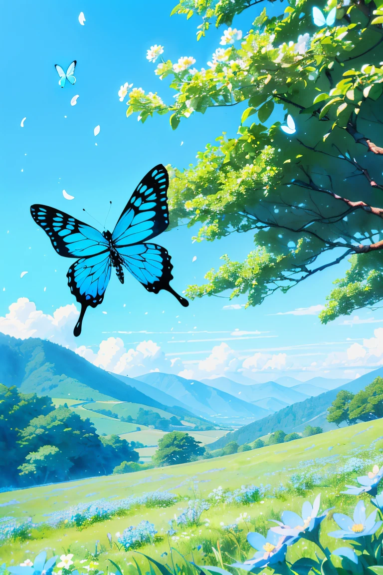 (butterfly:1.5),(butterfly theme:1.5), (ink and watercolor painting:1.5), (Tasteful:1.5), (ink and watercolor painting:1.5), (full color:1.5), 8k, 4k, (landscapes:1.5),(spring:1.5),(blue flower field:1.5), (blue theme:1.5), (blue btterfly:1.5), (blue sky:1.5), (blue field:1.5),(lots of flying blue_butterflies:1.5),(lots of playing blue_butterflies:1.5),(flying blue flower petals:1.5),(absurderes:1.5),(fantastic:1.5),(best quality:1.5),(masterpiece:1.5),