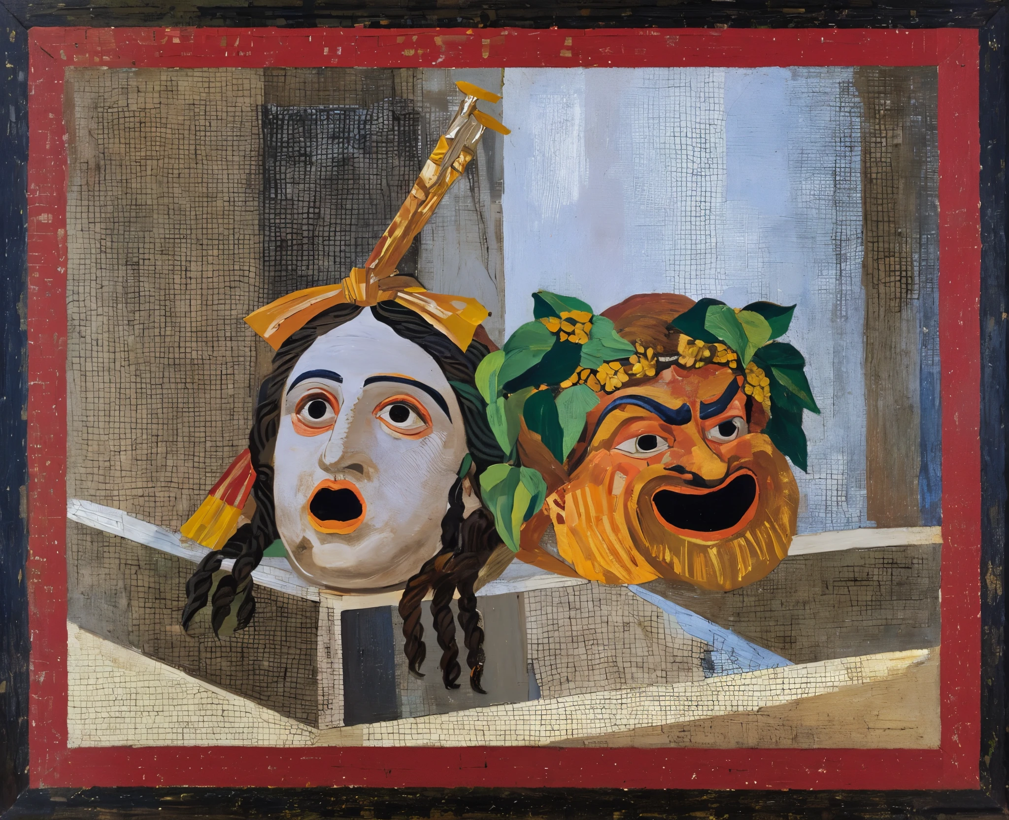 painting of a woman with a knife and a man with a mask, from commedia dell'arte, greek mask, theater mask, tempera on wood, inspired by Bartolomeo Cesi, caravaggesque style, viktor deni, decorated with opera motifs, by Robert Brackman, alexey egorov, chirico and rene magritte