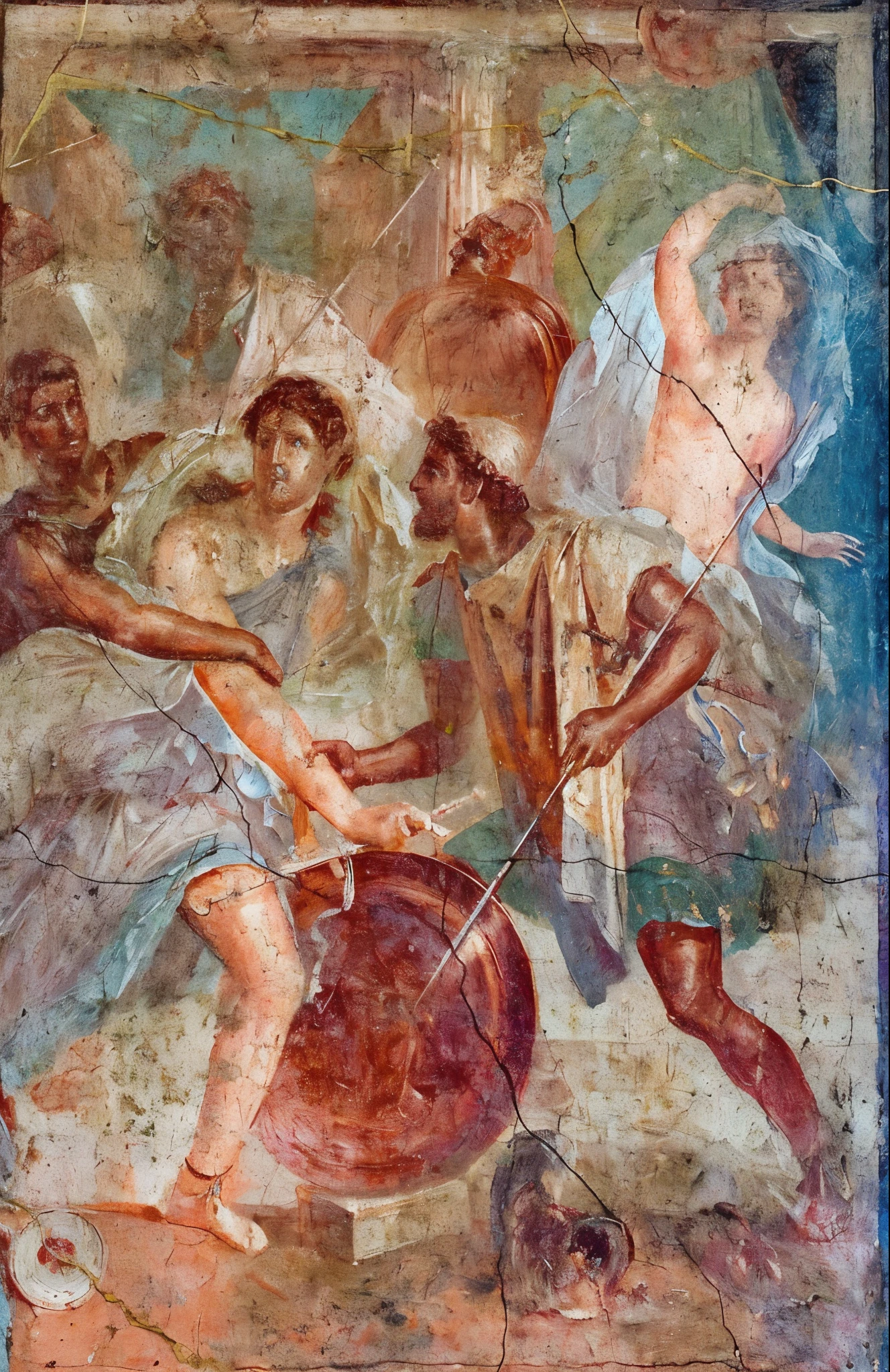 arafed painting of a man holding a shield and a woman with a sword, ancient roman painting, fresco painting, ancient greek painting, fresco, found in the ruins of pompeii, greco-roman art, neo-classical painting, historical artistic depiction, neoclassic painting, historical painting, neoclassical paintings, neoclassical painting, classical painting, hystorical painting