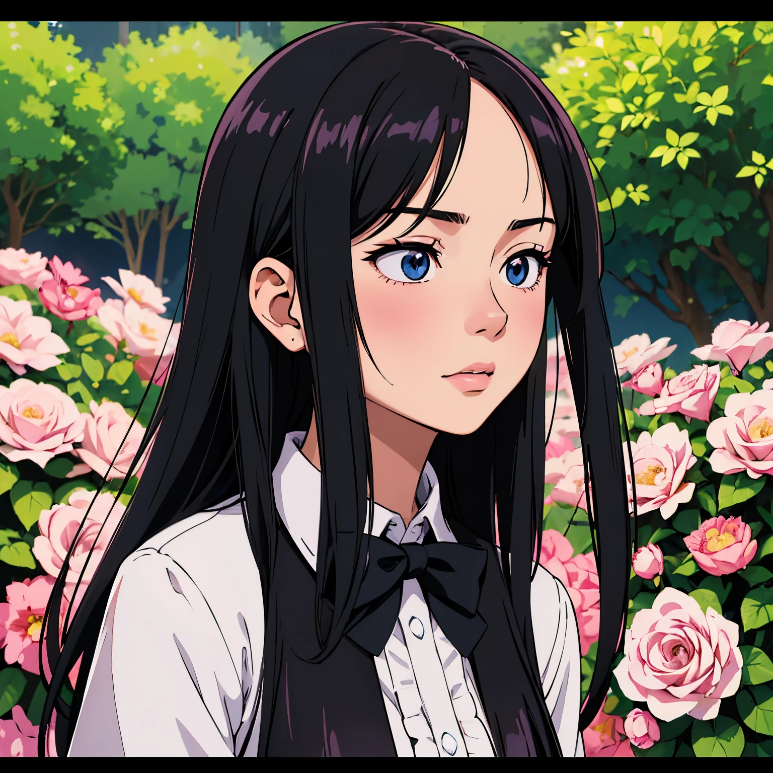 (Best Quality, Sharp anime eyes), elegant, feminine, detailed_background, garden , closeup, straight long hair,hair bow,pixelated,blush,luca (kuruton486),black hair bow,highres,1girl,letterboxed,solo,kuruton486,pink casual shirt,blue eyes,shirt,parted bangs