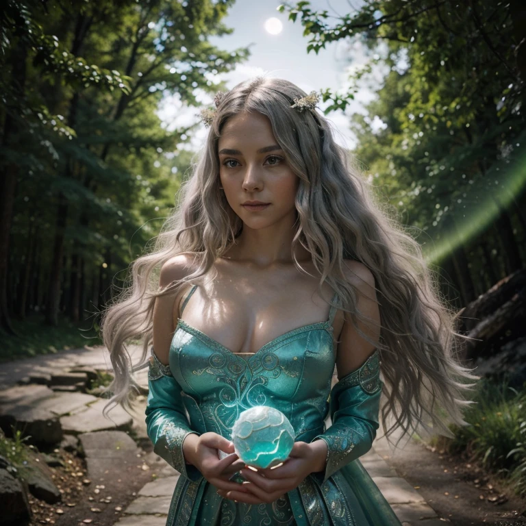 Aurora Silverwood a vision of ethereal beauty, with features that seem to have been touched by the very essence of magic itself. Her silver hair cascades down in loose waves, shimmering like moonlight as it catches the faintest hint of a breeze. It falls just past her shoulders, framing her face in a soft, radiant glow. Her eyes, a mesmerizing shade of emerald green, hold a depth that seems to hold the secrets of the ancient spirits. They are filled with an intensity and wisdom that belies her youthful appearance, reflecting the vast knowledge and power she possesses. When she looks at you, it feels as if she can see into your very soul, understanding the depths of your being. Aurora’s features are delicate, yet there a strength and determination that shines through. Her high cheekbones are dusted with a hint of rosy blush, adding a touch of warmth to her porcelain complexion. Her lips are full and soft, often curved in a gentle smile that exudes kindness and compassion.
Dressed in flowing robes of deep forest green, Aurora moves with a grace that both captivating and commanding. The fabric seems to blend seamlessly with the natural surroundings, as if it were an extension of the enchanted forests she calls home. Adorned with intricate patterns of swirling vines and delicate flowers, her attire reflects her deep connection to the earth and its mystical energies. As she harnesses her elemental magic, Aurora’s presence becomes even more awe-inspiring. Flames dance at her fingertips, flickering and swirling with an intensity that matches the fire burning within her. The air around her seems to come alive, responding to her every command as she guides the winds with a gentle touch. And when she calls upon the moon’s ethereal energy, her spells take on a breathtaking beauty, casting a soft, silvery glow that illuminates the darkness. Aurora Silverwood not only a guardian of the realms but also a living embodiment of the harmony between magic and nature. Fantasy
