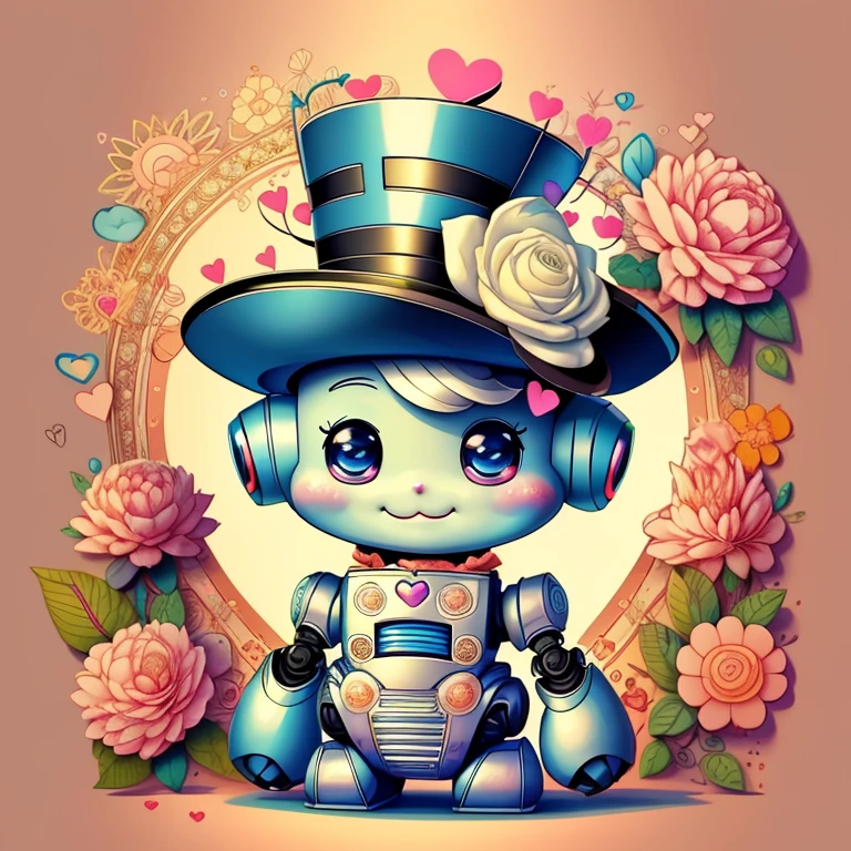 (cute baby robot smiling with top hat, hearts, flowers) Munchkin ,Geometric multidimensional wall portrait, livro de arte, Tchibi,
Yang08k, Beautiful, Colouring,
Obras, of the highest quality, best quality, Arte Oficial, Beautiful and Aesthetic,