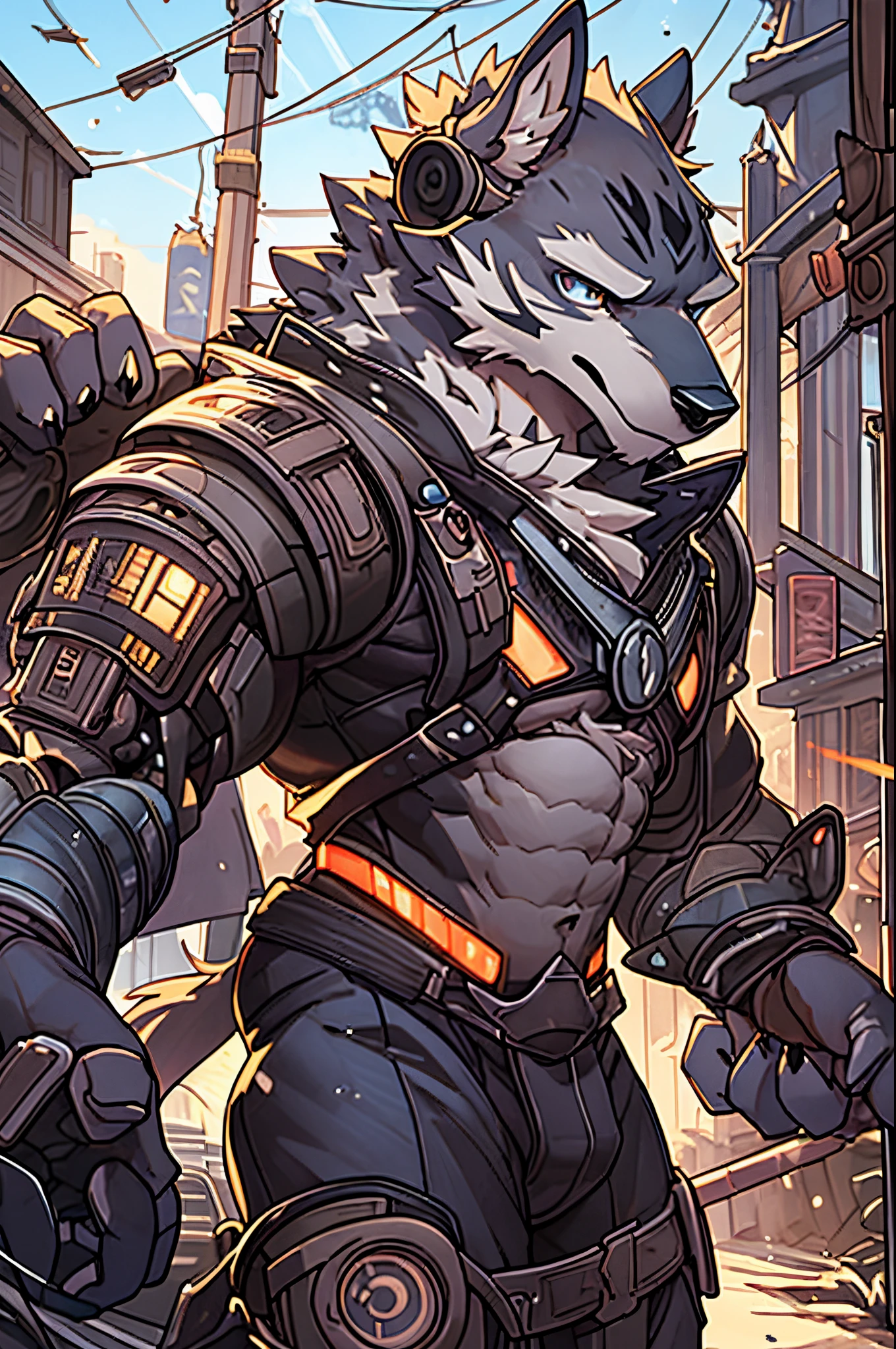 top quality, High-quality illustrations by Johannes Vermeer, masterpiece, Dark_Fantasy, Cyberpunk, steam punk(super handsome boy, single, kemono)Mechanical marvel, Robotic presence, Cybernetic guardian, wearing a worn-out mech suit, intricate(steel metal, rusty)(furry anthro:1.7)(Furry body, dog facial features, dog body features)elegant, clear focus, shot by greg rutkowski, soft lighting, vibrant colors, masterpiece((street))cowboy shot, dynamic pose,