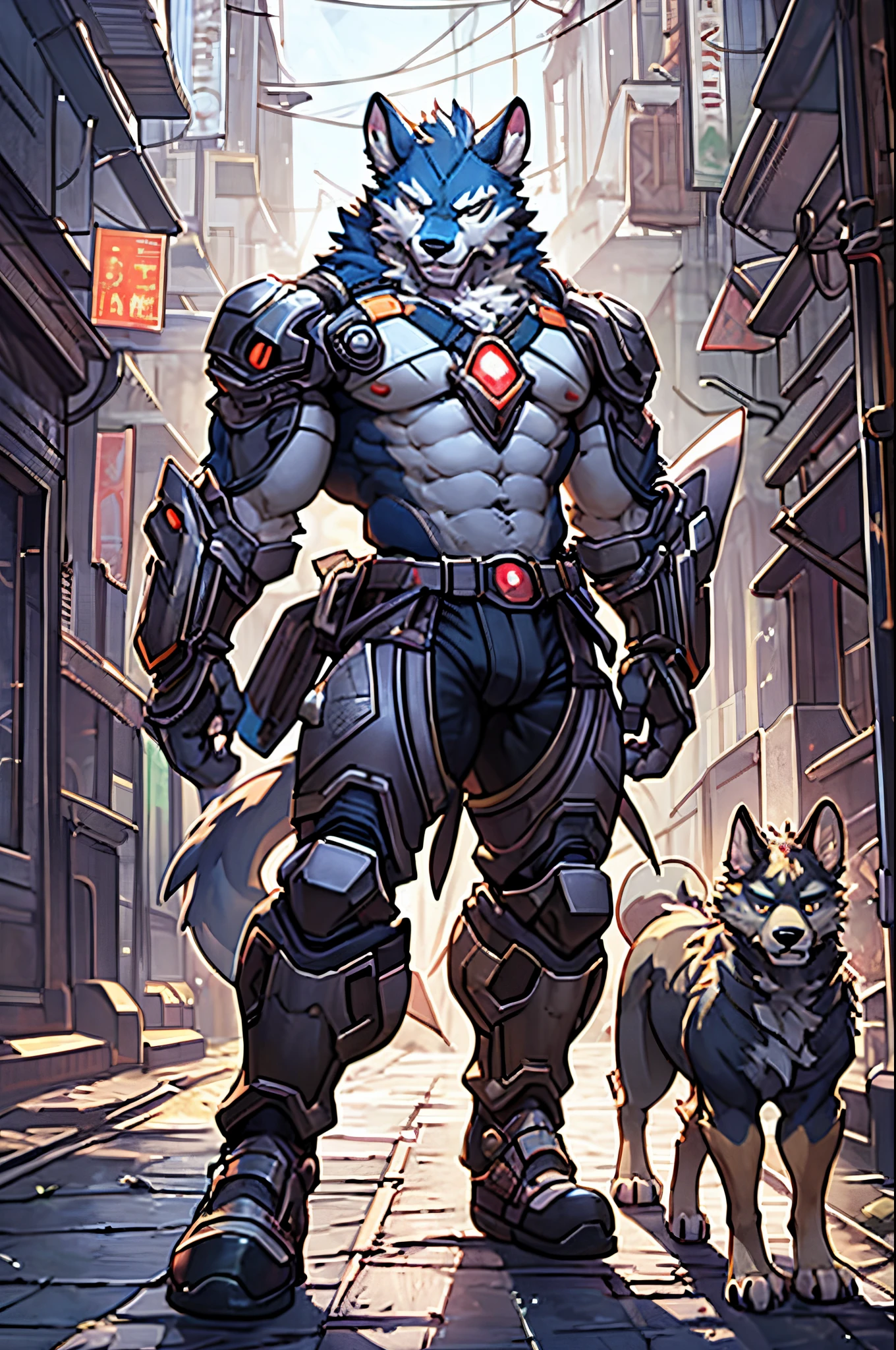 top quality, High-quality illustrations by Johannes Vermeer, masterpiece, Dark_Fantasy, Cyberpunk, steam punk(super handsome boy, single, kemono)Mechanical marvel, Robotic presence, Cybernetic guardian, wearing a worn-out mech suit, intricate(steel metal, rusty)(furry anthro:1.7)(Furry body, dog facial features, dog body features)elegant, clear focus, shot by greg rutkowski, soft lighting, vibrant colors, masterpiece((street))cowboy shot, dynamic pose,