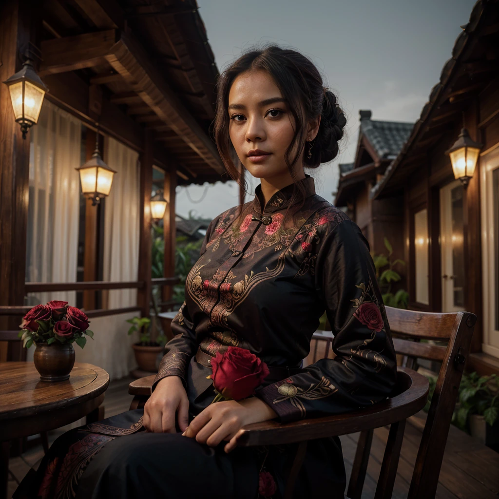 portrait of a beautiful woman with a slightly fat body sitting on an ancient wooden chair, hair in a low bun, wearing a long-sleeved shanghai dark kebaya typical of Yogyakarta Indonesia, holding red rose, background on the terrace of the house, night atmosphere, realistic, high details, cinematic lo-fi.