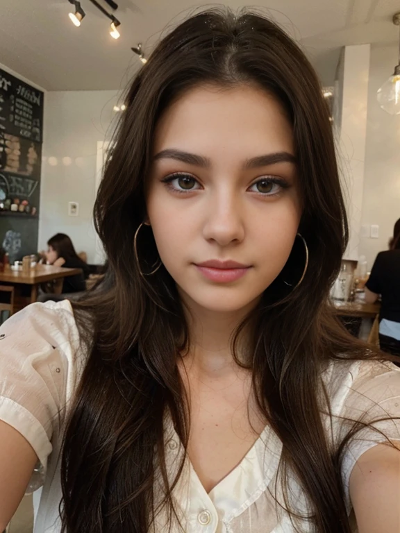 Photo of a 20 year old brunette woman, that has a very natural face, thin lips, thin eyes, thin eyebrows, thin nose, earrings, long eyelashes. She makes a cute selfie in a cafe