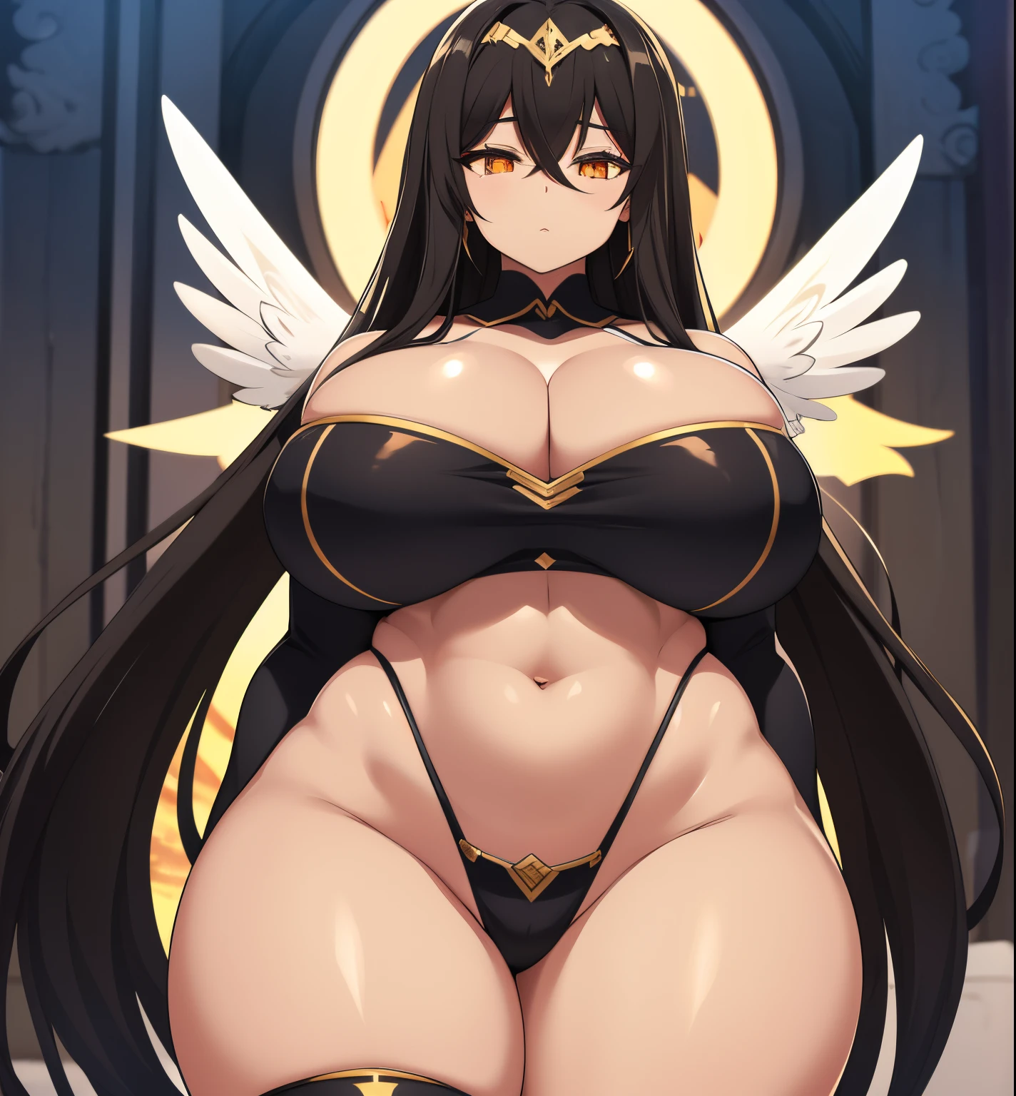 Seraphim with light brown skin, fluffy black hair and golden eyes, Black sclera, Wide hips, thick thighs, Bursting breasts, areola.