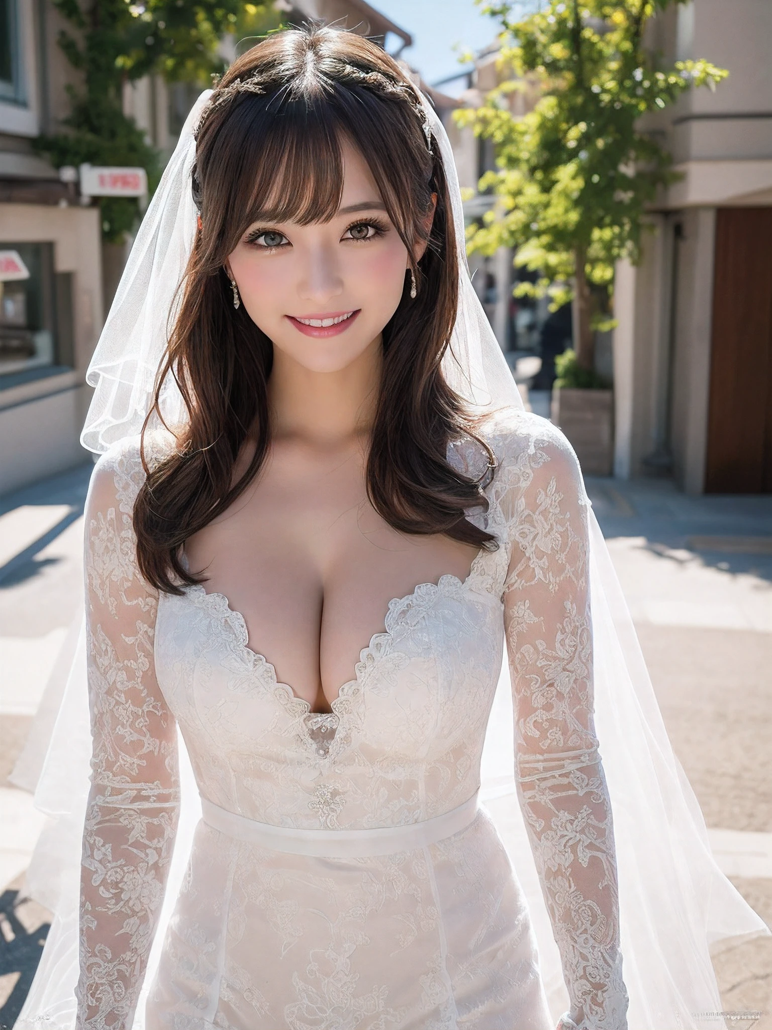 masutepiece, Best Quality, Illustration, Ultra-detailed, finely detail, hight resolution, 8K Wallpaper, Perfect dynamic composition, Beautiful detailed eyes, wedding dress ,Bob Hair, mid-chest, Natural Color Lip, Random and sexy poses,Smile,20 years girl Colossal tits、Ski Resort、White sheer body stockings、