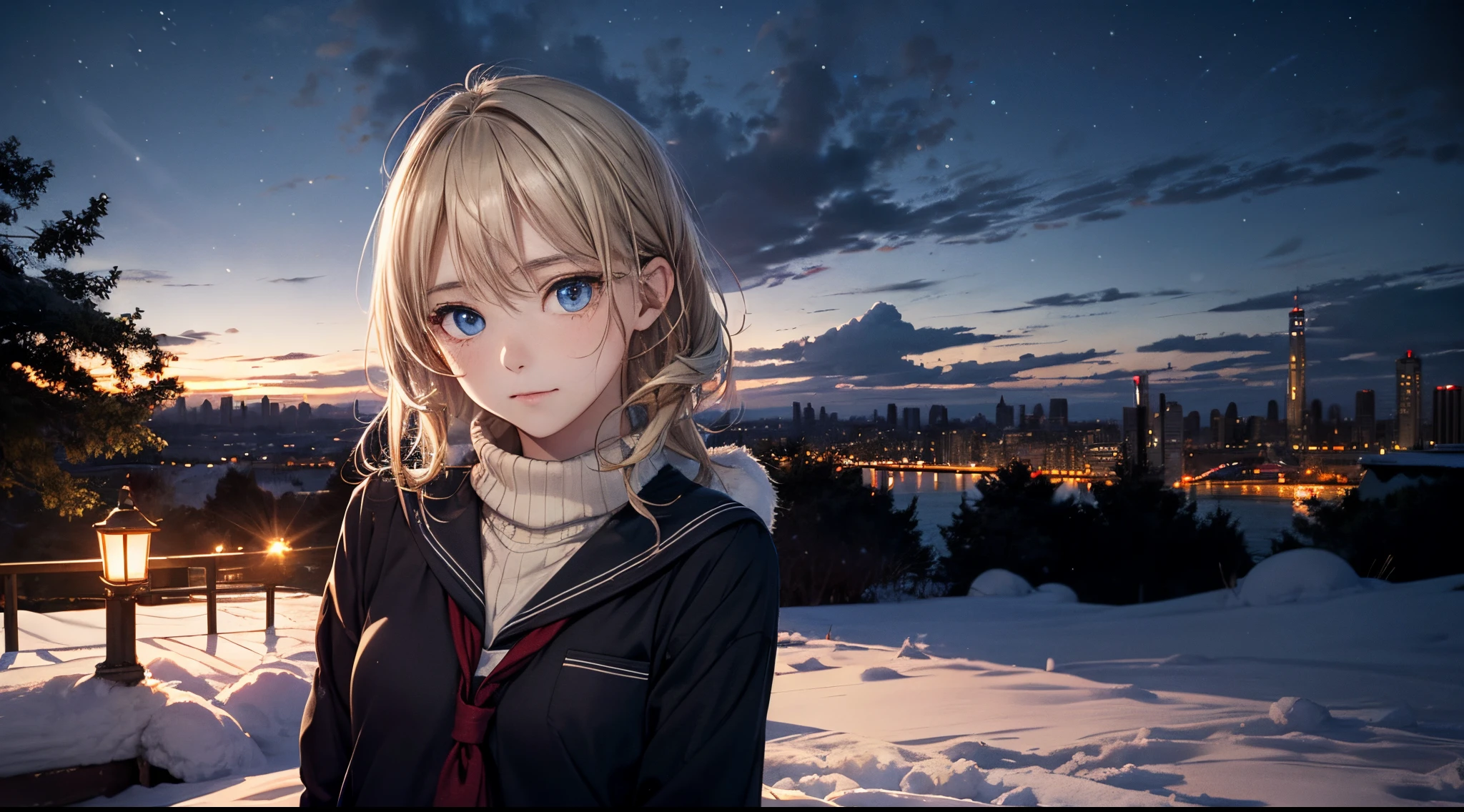 masutepiece,8K,octans, Skysky, stele(Skysky), landscapes, starrysky, natta, looks at the camera, piercing gaze, nigh sky, report, plein air, built, ​​clouds, milkyway, 城市, silhuette, Cityscape,(Short, Low twin-tailed blonde hair:1.2), (Deep Blue Eyes:1.iercing gaze, small smile, (winter school uniform:1.1)