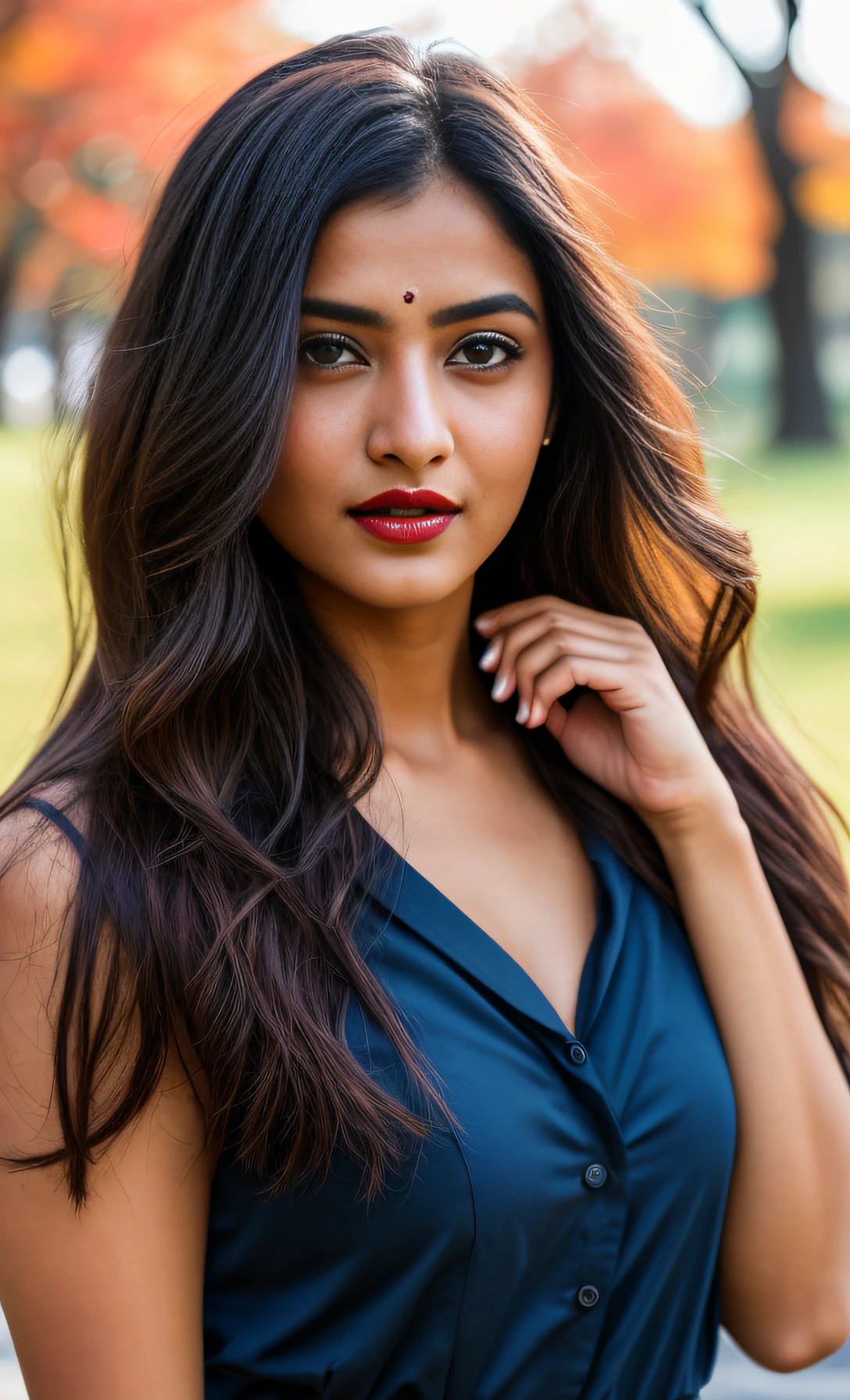 photo portrait of beautiful indian female model, wearing blue tip, outside on a sunny autumn day, looking at viewer, lense flare, (realistic eyes, symmetric face:0.8) (masterpiece:1.2) (photorealistic:1.2) (bokeh) (best quality) (detailed skin) (intricate) (8k) (HDR) (cinematic lighting) (sharp focuig breast, big natural lips, dark red lips, sparkling day dreams eyes.