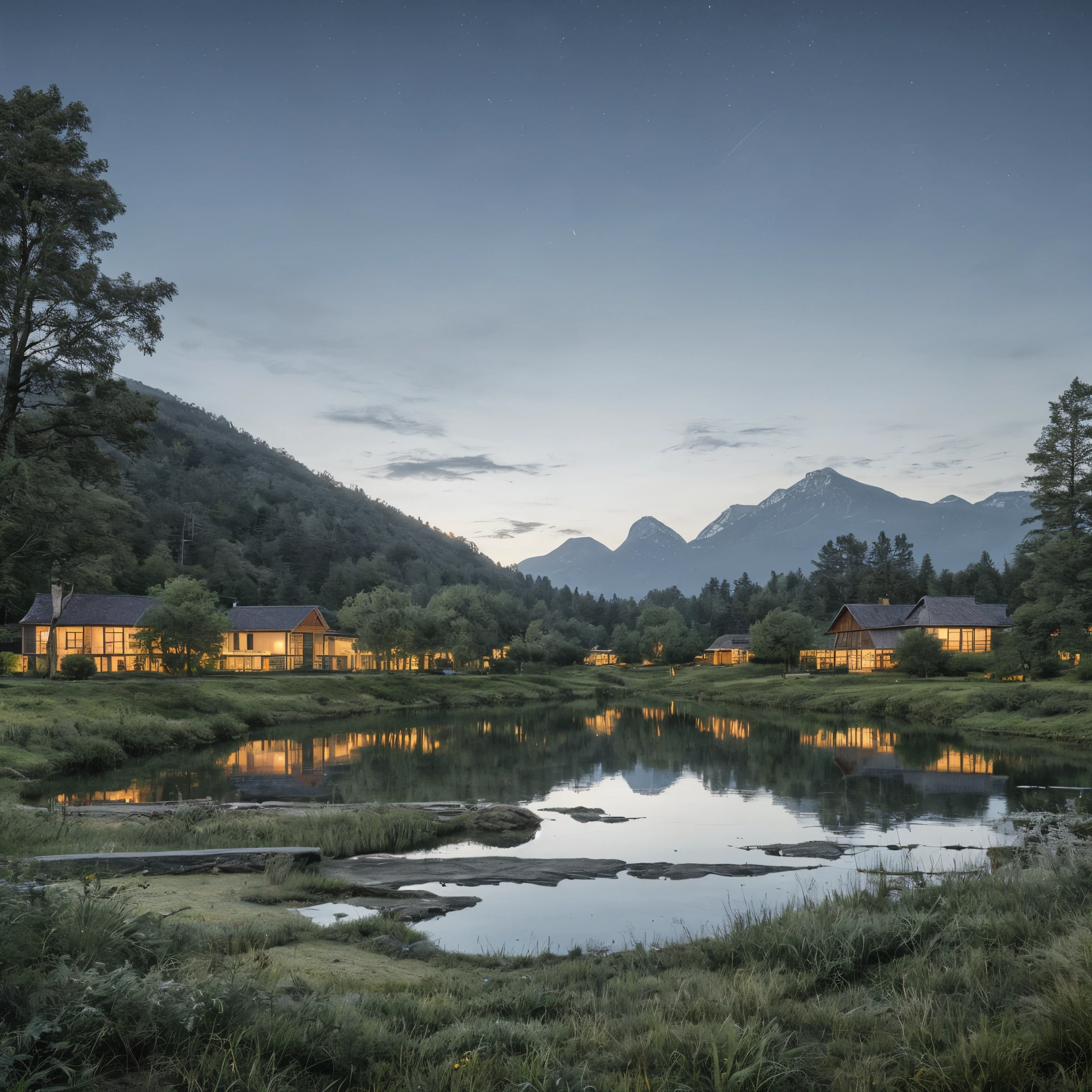 Vintage warm evening light ambiance, Leica M10 camera, (exquisite:1.2), (timeless:1.2), classic street photograph, (nostalgic:1.2), (artistically framed:1.1), BREAK Majestic landscape with houses beside, (vast mountain range:1.2), serene blue lake (crystal clear:1.1), bitween large wood houses, under the starry night sky, BREAK Captured by Ansel Adams, (iconic monochrome:1.2), (timeless photography:1.1), (master of light:1.2), (majestic vistas:1.1), BREAK Soft natural lighting, vivid colors, (golden-hour glow:1.2), (nature's beauty:1.1), (idyllic scenery:1.2), (mesmerizing details:1.1), BREAK Gazing into the horizon, tranquil expression, (harmony with nature:0.8), (serenity:1.0), (captivating beauty:0.9), (timelessness:0.8), lora:anseladams:0.76 , lora:natural_wonders:0.7