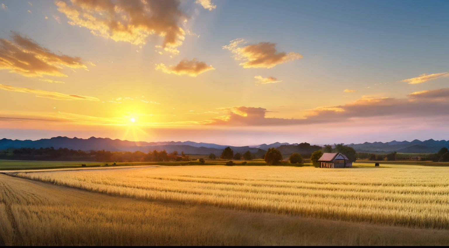 lake scene，Natural scenery，small houses illustration，Blue gradient sky，Thick clouds，Idyllic，zona rural，Golden wheat field with gradient gradient，No Man，More layered golden wheat fields，hyper realisitc，Dynamic，Sunlight shines