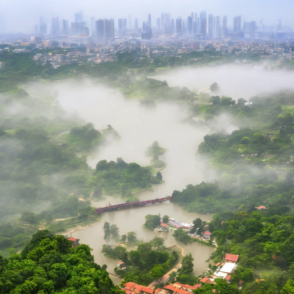 Saranjana, beautiful view of a little bridge with clear water flowing beneath it. In front of it there is a view of the village behind a magnificent metropolitan city with skyscrapers with objects like flying cars between the buildings. There is a magnificent palace among the city with a purple diamond at the top of the palace. the view was a little foggy. High quality.