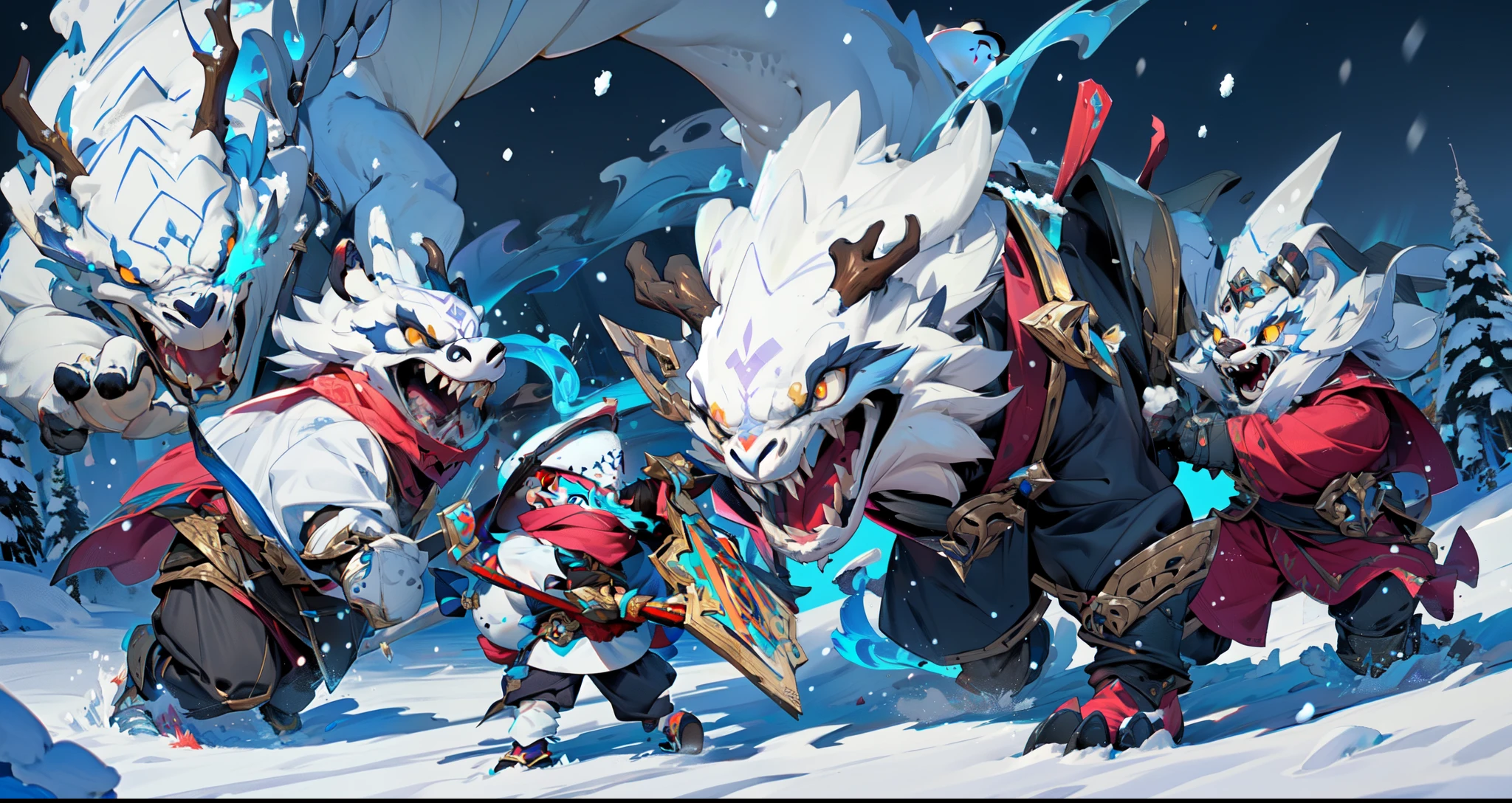 01_(Epic character).(One in the frame). (Huge block of snow). (Big - scary snowman). Horizontal composition, with some offset from the center-wide format. (A large body of snow, an awkward mass of snow, composed of three rounded snow blocks). (Living creature, in a fighting pose, decisive nature, threateningly scary). (Snowman, a fantastic fantasy image, a creature created from snow, created for battles, attacks and intimidation). (In thick snowy paws, he holds an  ax, on a long handle, made of , a very powerful weapon, large - at full height). (The  body of the monster consists of three  blocks - a typical design of a snowman, strength and power live in it, it  ready to attack). (The body  covered with imitation armor, old car bumpers, headlights, license plates, hung on a snow uniform - symbolize armor, metal armor). (A frightening muzzle, in an animation style, with a cheerful grin, a snowy mouth gaping in a smile, an icicle, crazy eyes glowing with blue light, a black felt hat on the head, decorated with trinkets and amulets). (This  an epic character in animated style, animated film).
02_The composition  located in a horizontal frame, in the hand  a powerful  ax. Eliminate symmetry, the main mass of the hero  not placed clearly in the center - with a slight offset, Mood, fairy tale, magic, absurdity, fighting stance, and powerful snow form.
03_ Cold range of lighting, evening, snow storm, elements, gusty wind, slanting snow whirlwinds,  patterns on the background, dark blue, snowy background. Contrasting, clear lighting, warm magical light, clear cold shadows, contrasting image. , snow, snow decor, intricate patterns, and  ornaments on the body. The highest image quality, a masterpiece, computer graphics. Cinematic level of performance, animated film. HD quality, wide format, 8K. , Unreal engine.