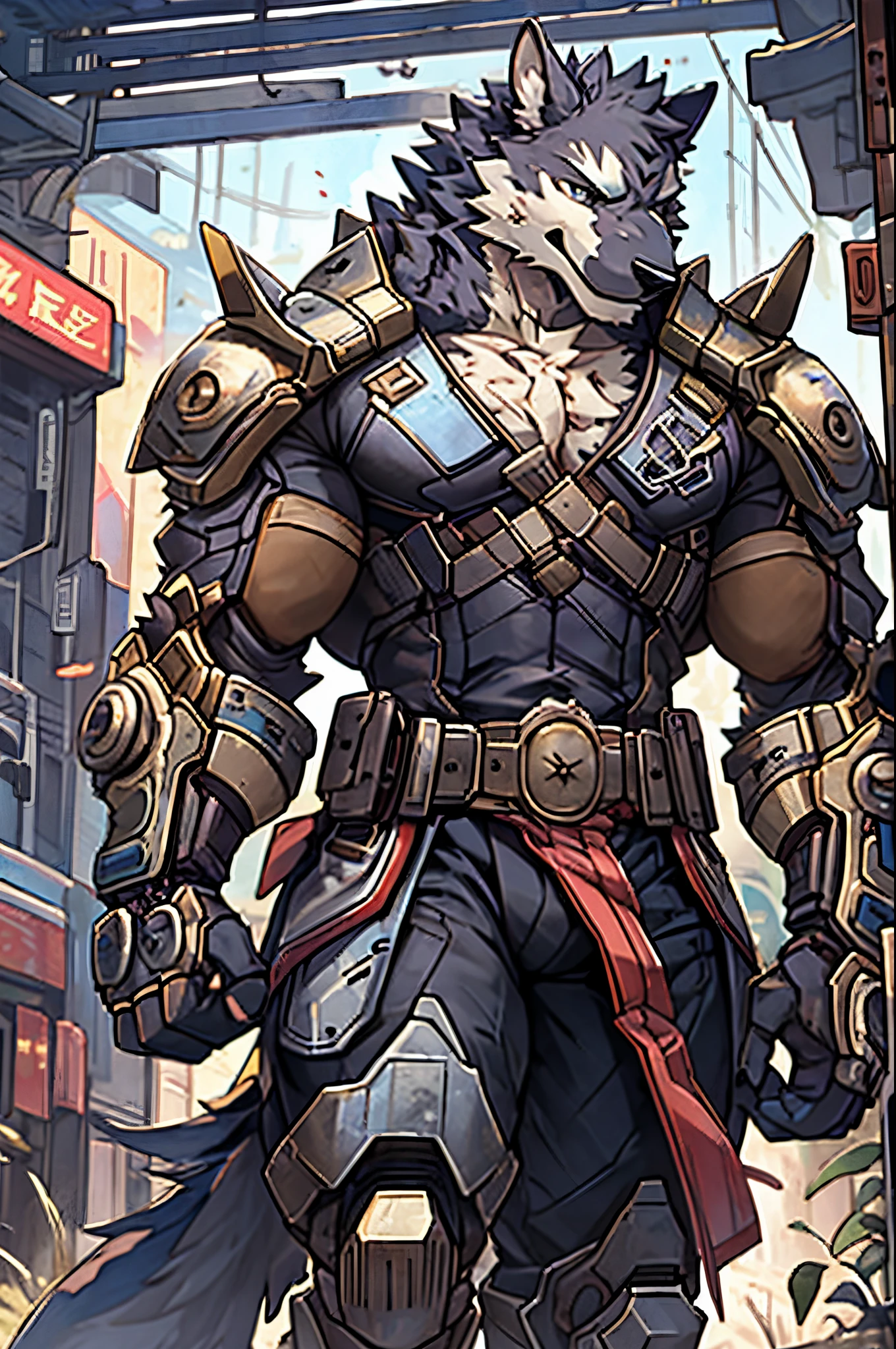 top quality, High-quality illustrations by Johannes Vermeer, masterpiece, Dark_Fantasy, Cyberpunk, steam punk(super handsome boy, single, kemono)Mechanical marvel, Robotic presence, Cybernetic guardian, wearing a worn-out mech suit, intricate(steel metal, rusty)(furry anthro:1.7)(Furry body, dog facial features, dog body features)elegant, clear focus, shot by greg rutkowski, soft lighting, vibrant colors, masterpiece((street))cowboy shot, dynamic pose,