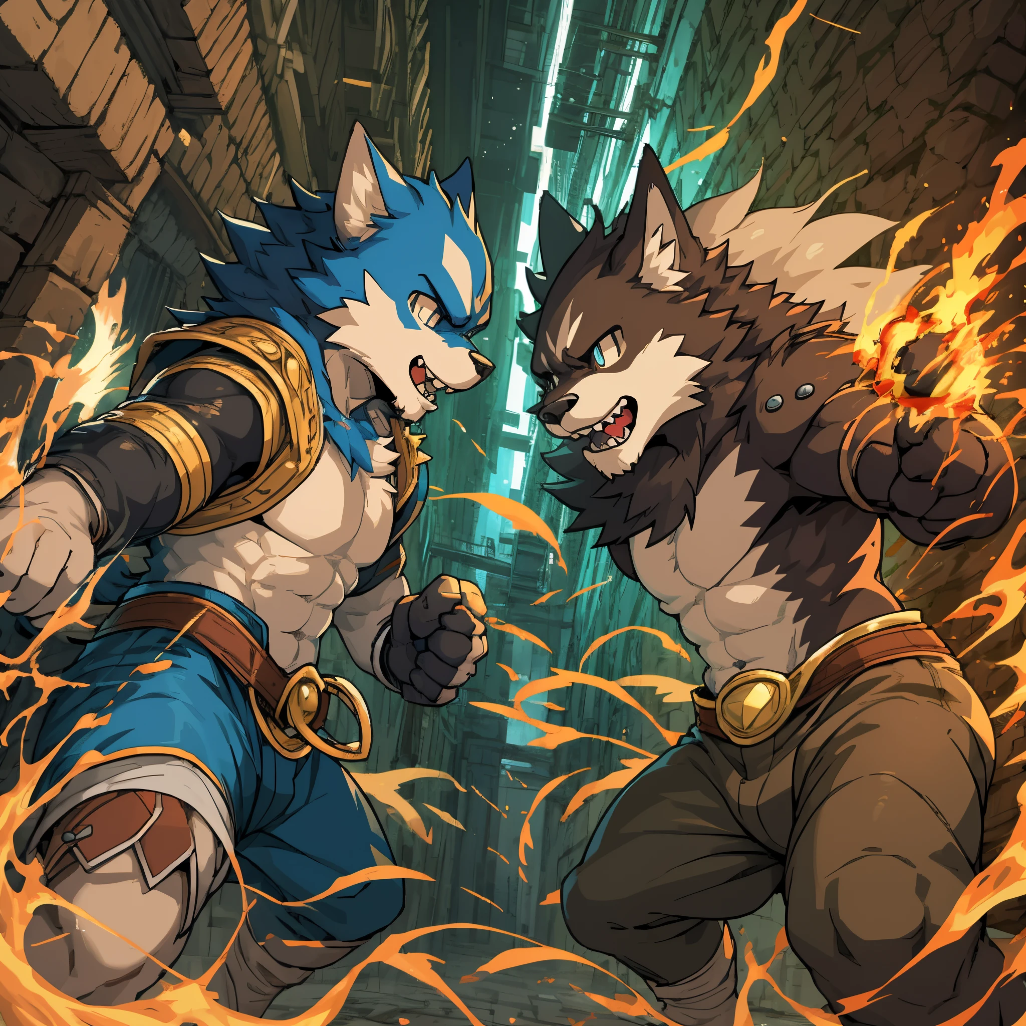 highres, absurdres(highly detailed beautiful face and eyes)perfect anatomy(kemono, furry anthro)(super handsome 2boys, pair)good lighting, cinematic shadow, detailed background, User Interface of Fighting game, dots game, pixel art, dungeon, Crisis, assorted poses, assorted expression, full body, sound effects, motion blur, from side,