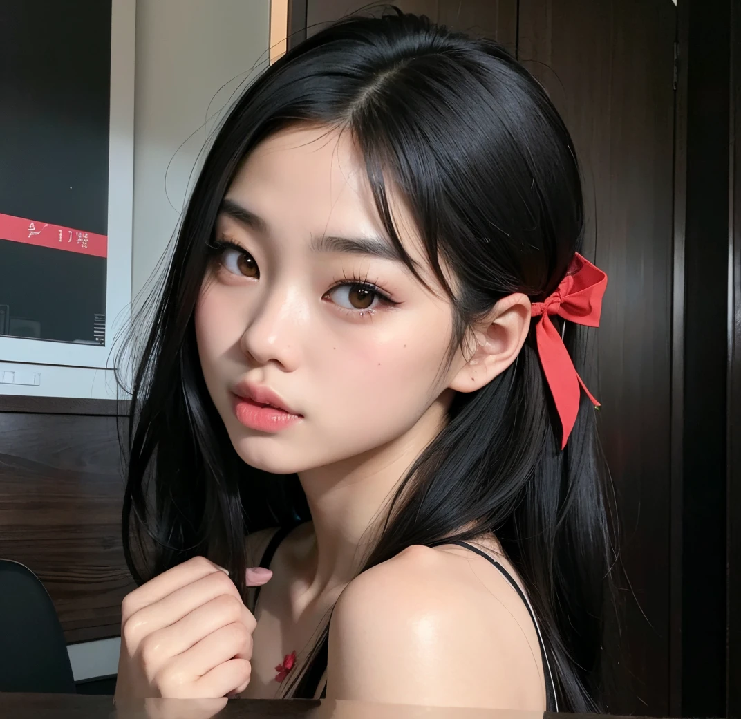 Araffe Asian woman with long black hair and a red bow, Shikami, Yoshitomo Nara, Chiho, penteado Caudas duplas, Yata Hana, chan sakimi, Caudas duplas, com rabo-de-porco preto, young gravure idol, preto hime corte cabelo, Kotegawa Yui, realistic young gravure idol, Jennie Kim, Jennie do blackpink