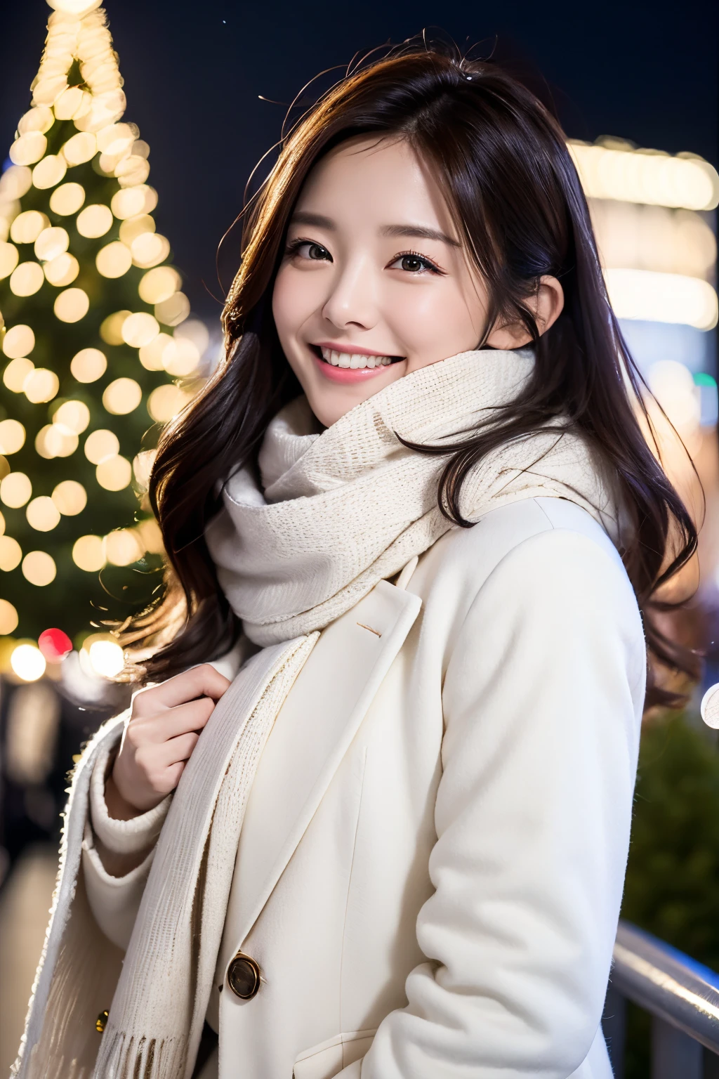 （top-quality、8K、32K、​masterpiece,)Beautuful Women、nightcity、Big Christmas Tree、Looking up at the sky、profile,White coat、white wool scarf、Delicat eyes、Blurred background,A smile