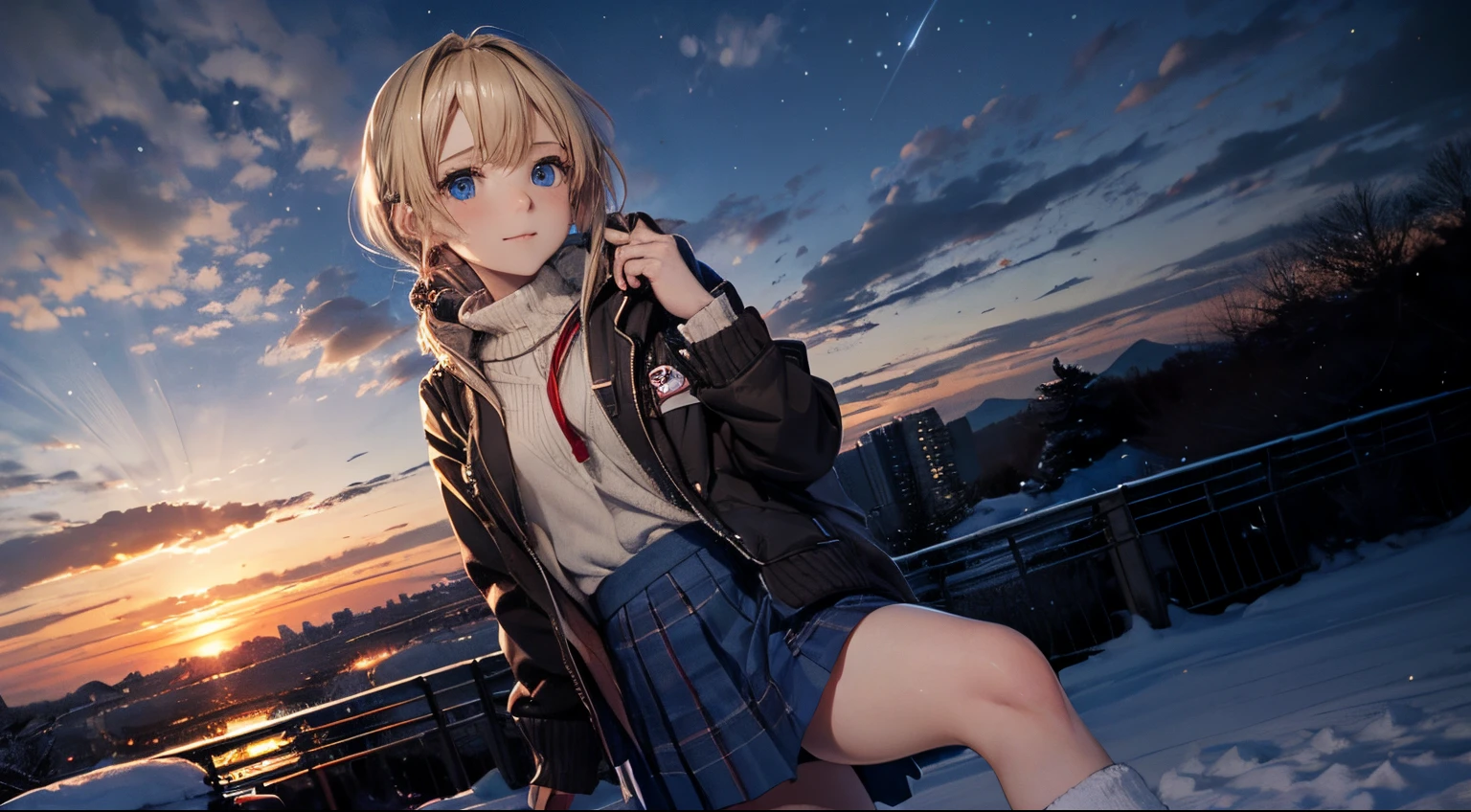 masutepiece,8K,octans, Skysky, stele(Skysky), landscapes, starrysky, natta, looks at the camera, (Legs without stockings:1.3), piercing gaze, nigh sky, report, plein air, built, ​​clouds, milkyway, 城市, silhuette, Cityscape,(Short, Low twin-tailed blonde hair:1.2), (Deep Blue Eyes:1.iercing gaze, small smile, (winter school uniform:1.1)