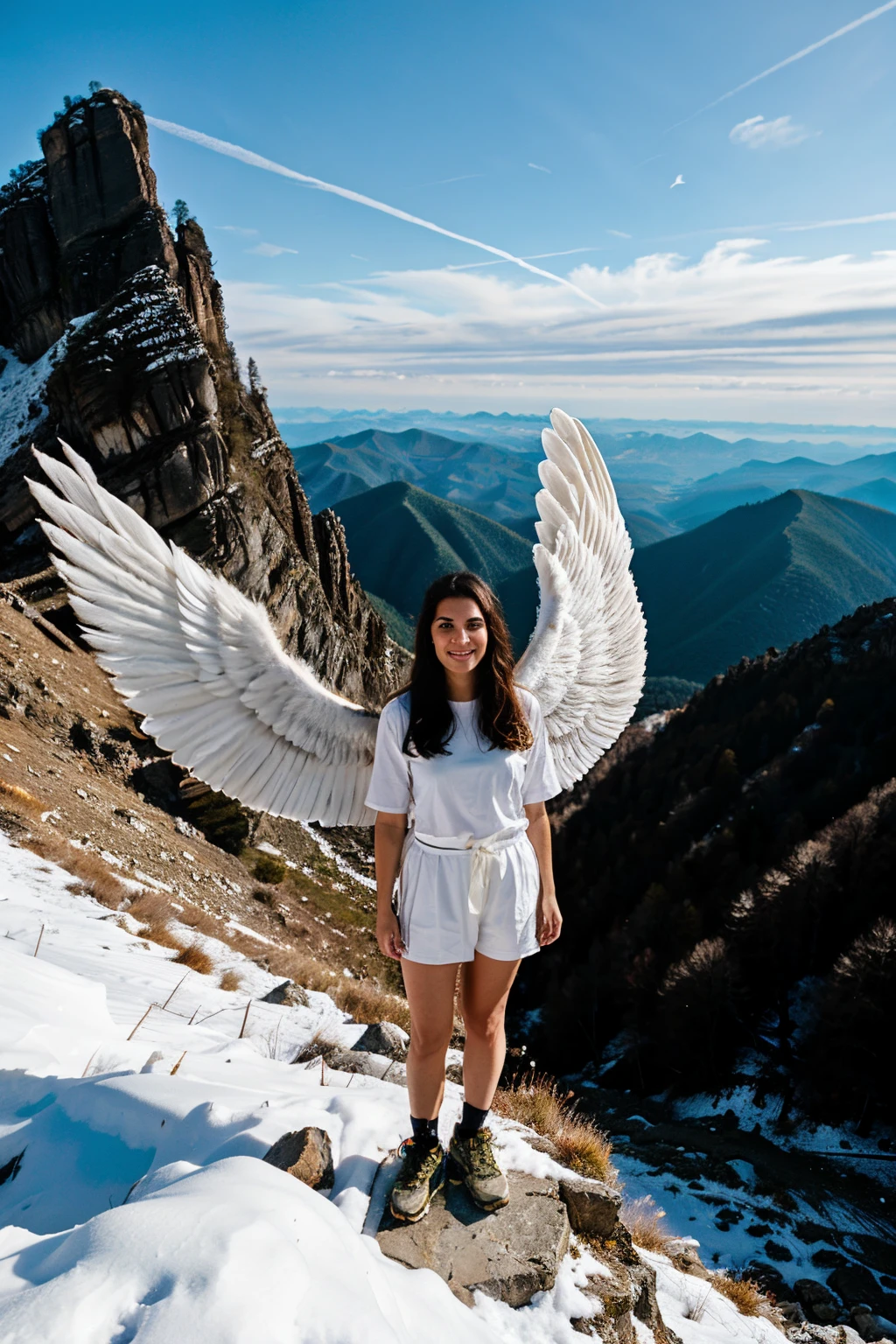 Angel with powerful wings standing on a peak of a mountain. Front to the camera.