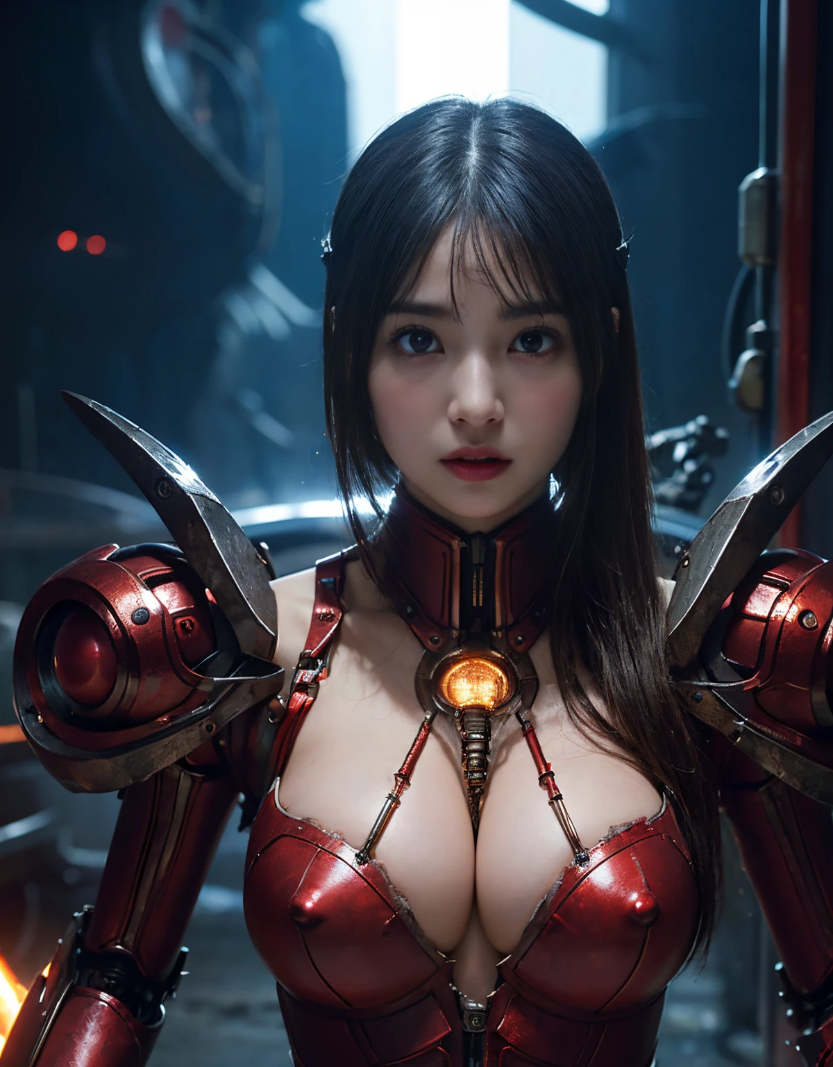 (1 Mechanical Girl)、(Mystical expression)、top-quality、masterpiece、超A high resolution、(Photorealsitic:1.4)、Raw photo、1人、glowy skin、(((1 Mechanical Girl)))、(Red Metal Bodysuit)、(alien background、Fierce battle with Osite、Fierce battle with alien night monster cliff background)、(Small LED)、((super realistic details))、vertical giant monster background),globalillumination、Shadow、octan render、8K、ultrasharp、Colossal tits、Raw skin exposed in the cleavage、red metal、Details of complex ornaments、Japan details、highly intricate detail、Realistic light、(Mystical expression),CG Society Trenlow Eyes、Eyes shining towards the camera、Mechanical marginal blood vessels connected to neon detail tubes)、(Wires and cables connecting to the head)、Small LED、,Mechanical thighs、Toostock、(Hands are also made of machines.traces on the cliff)、机器人、future alien、