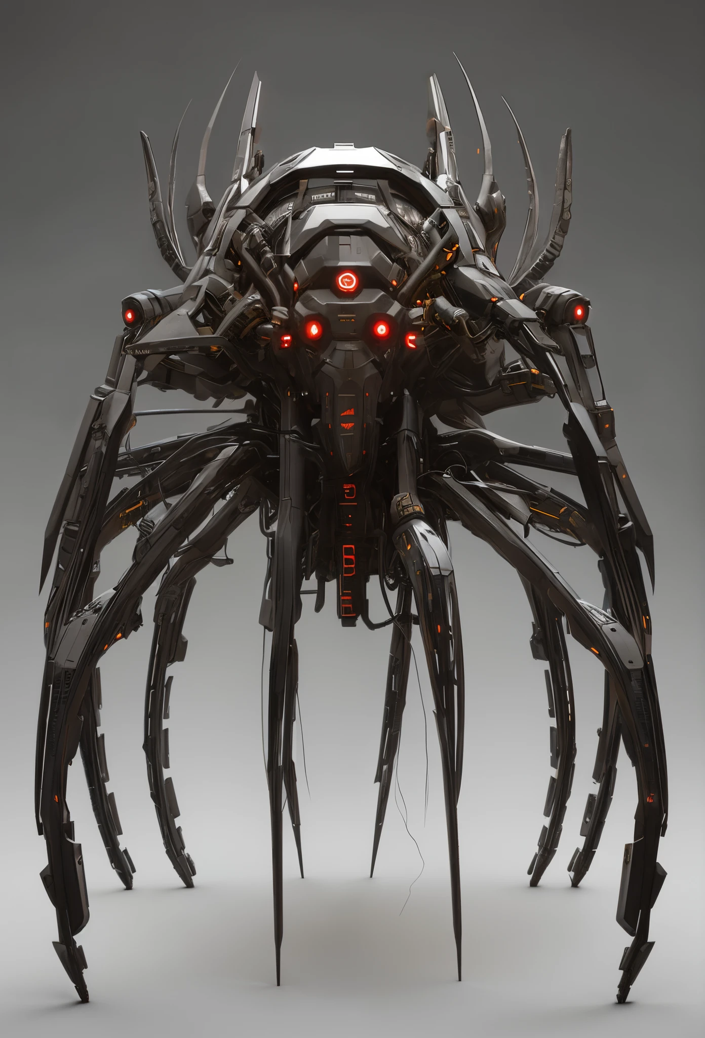 Cyberpunk art of a,mirai,Dark fantasy style,eight-legged mechanical creature,Pure black background,A high resolution, mechanically correct,复杂,meticuloso,Perfect details,Mecha design,monster design,The back of the head covered with wires,Mechanical tentacles stick out from the back,sense of science and technology,mechanical sense,Fantasyart,concept-art,unreal-engine,structurally correct,Perfectcomposition,uncanny