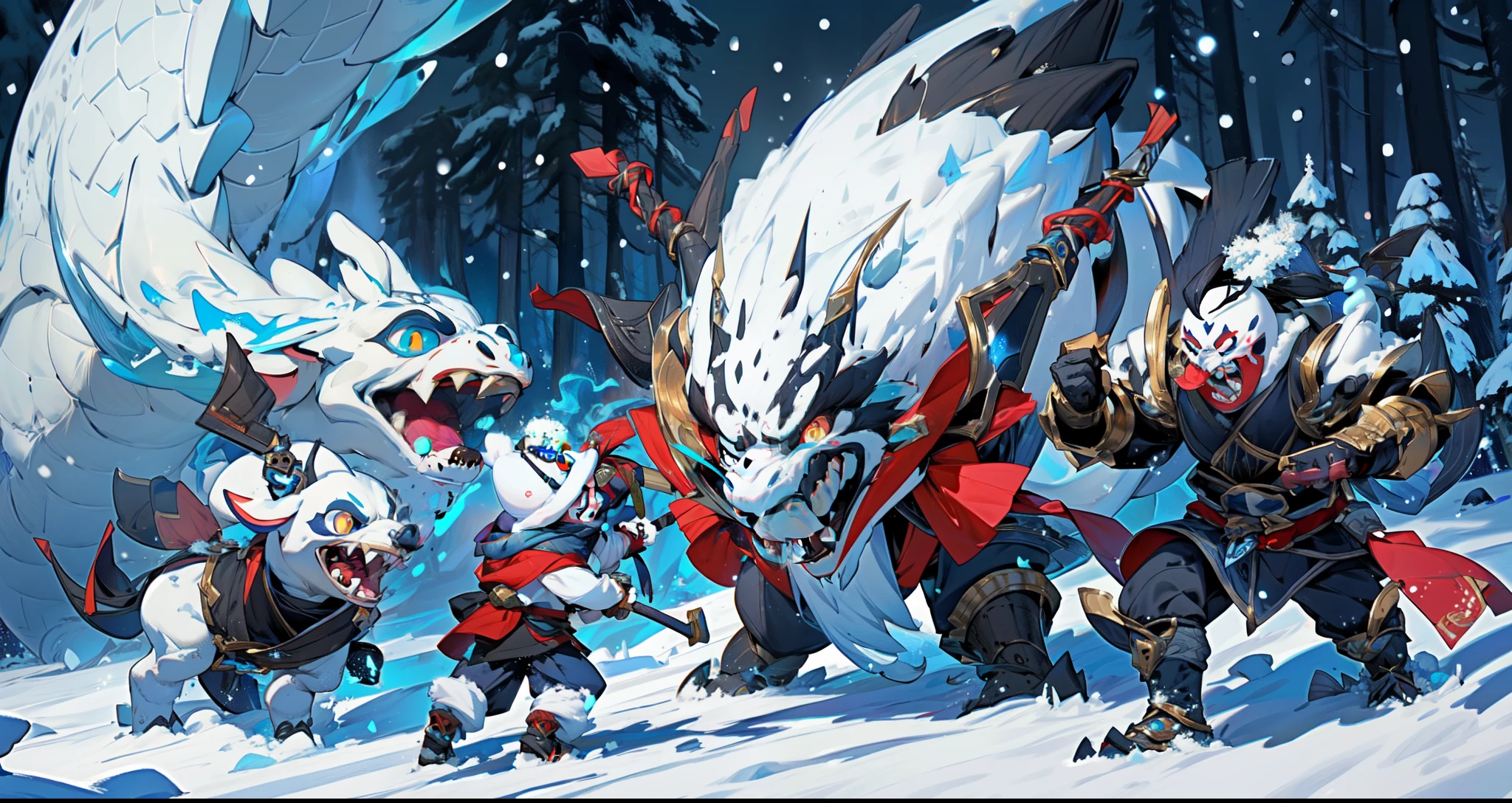 01_(Epic character).(One in the frame). (Huge block of snow). (Big - scary snowman). Horizontal composition, with some offset from the center-wide format. (A large body of snow, an awkward mass of snow, composed of three rounded snow blocks). (Living creature, in a fighting pose, decisive nature, threateningly scary). (Snowman, a fantastic fantasy image, a creature created from snow, created for battles, attacks and intimidation). (In thick snowy paws, he holds an  ax, on a long handle, made of , a very powerful weapon, large - at full height). (The  body of the monster consists of three  blocks - a typical design of a snowman, strength and power live in it, it  ready to attack). (The body  covered with imitation armor, old car bumpers, headlights, license plates, hung on a snow uniform - symbolize armor, metal armor). (A frightening muzzle, in an animation style, with a cheerful grin, a snowy mouth gaping in a smile, an icicle, crazy eyes glowing with blue light, a black felt hat on the head, decorated with trinkets and amulets). (This  an epic character in animated style, animated film).
02_The composition  located in a horizontal frame, in the hand  a powerful  ax. Eliminate symmetry, the main mass of the hero  not placed clearly in the center - with a slight offset, Mood, fairy tale, magic, absurdity, fighting stance, and powerful snow form.
03_ Cold range of lighting, evening, snow storm, elements, gusty wind, slanting snow whirlwinds,  patterns on the background, dark blue, snowy background. Contrasting, clear lighting, warm magical light, clear cold shadows, contrasting image. , snow, snow decor, intricate patterns, and  ornaments on the body. The highest image quality, a masterpiece, computer graphics. Cinematic level of performance, animated film. HD quality, wide format, 8K. , Unreal engine.