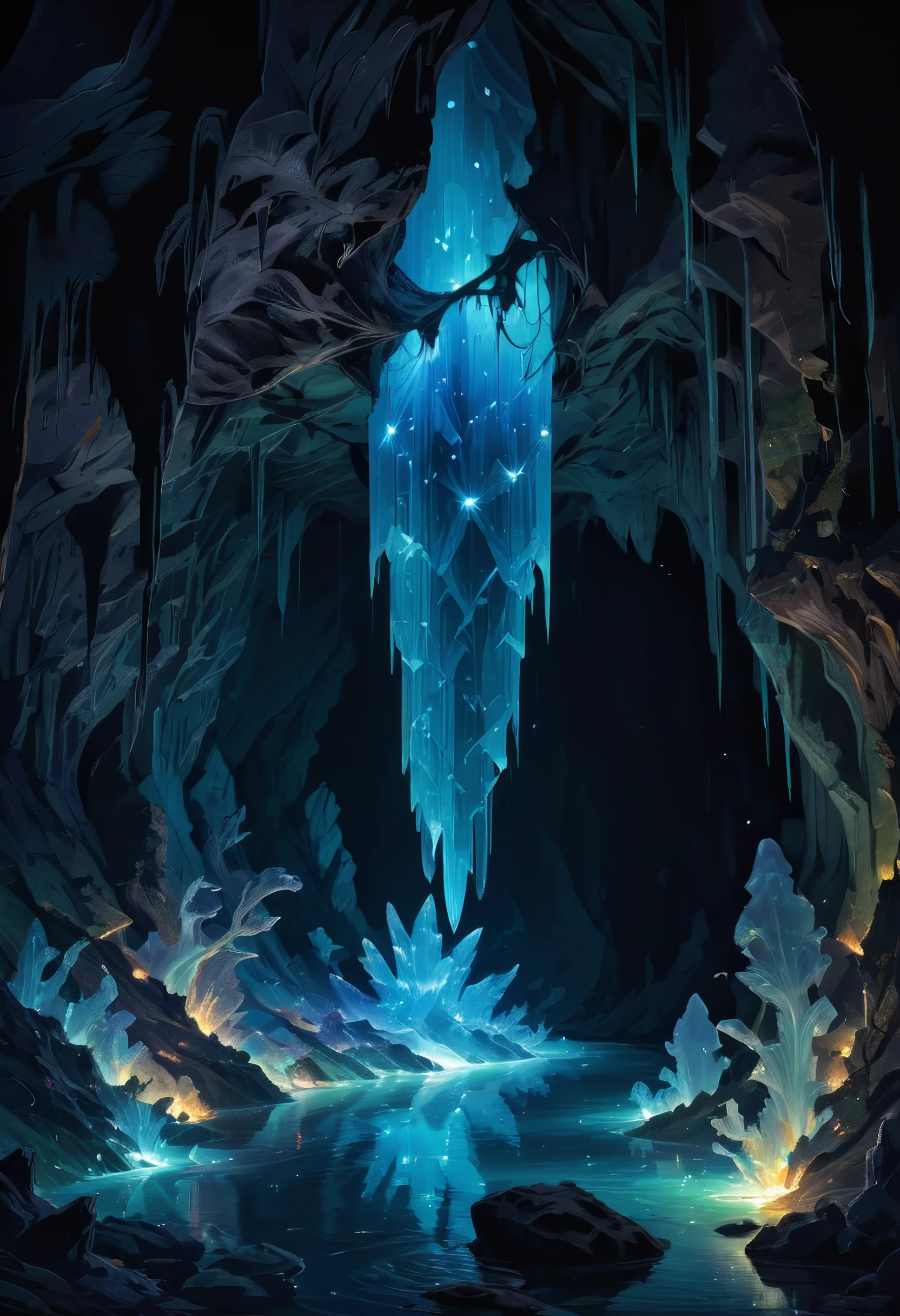 Tiny cute baby bunny in a colorful crystal cave, enchanted, floating orbs, ethereal mist, in the style of fairytale