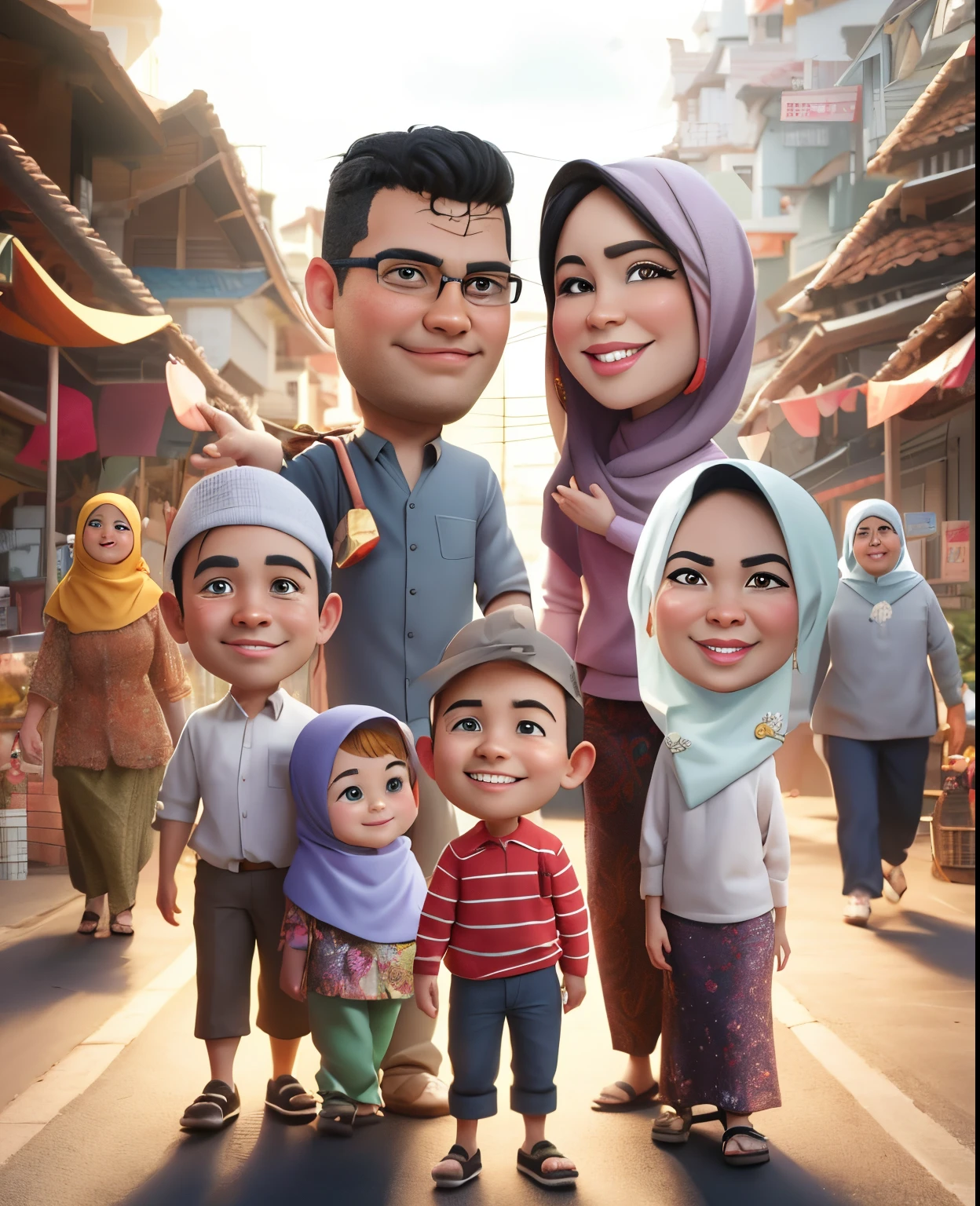 there are many people standing in a street with a picture of them, caricature illustration, full protrait, potrait, happy family, in cartoon style, caricature style, caricature, 3 d cartoon, charactor, cartoon artstyle, an indonesian family portrait, family, caricature!!!, cartoon portrait, protrait, chibi, cartoon art, by Abidin Dino