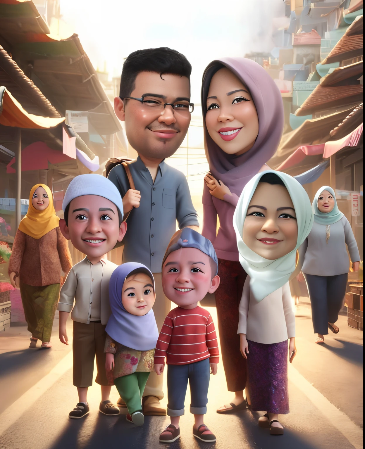 there are many people standing in a street with a picture of them, caricature illustration, full protrait, potrait, happy family, in cartoon style, caricature style, caricature, 3 d cartoon, charactor, cartoon artstyle, an indonesian family portrait, family, caricature!!!, cartoon portrait, protrait, chibi, cartoon art, by Abidin Dino