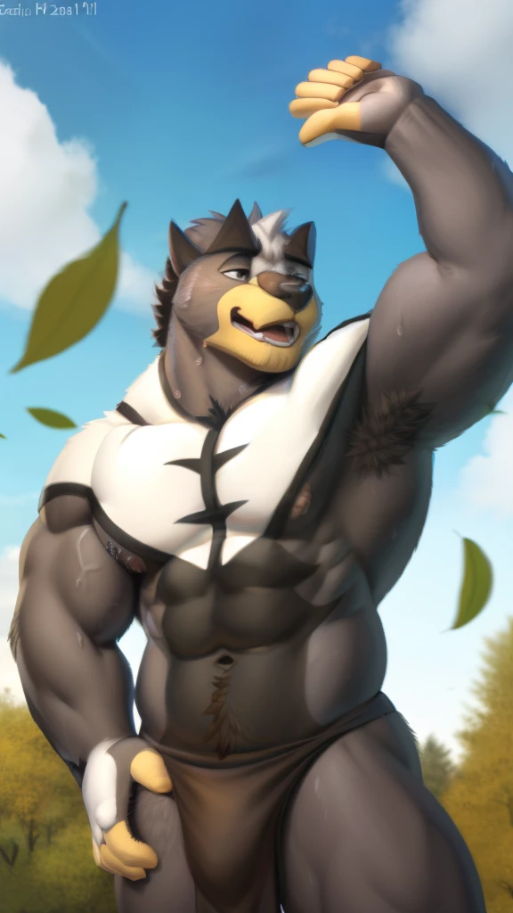 urshifu, muscular male, bara, solo, (pose:1.osing:1.3), (soft shading), 4k, hi res, five fingers, detailed hands, detailed nudity , ((detailed face, (detailed eyes:1.3), detailed)), (full body), by zackarry911, by zaush, (by personalami:0.5), solo, short hair, 1boy, open moaning mouth, hairy tufts armpits, nipple play, male focus, thighs, sweaty, outdoors, sky, , day, cloud, uncensored, naked, covered navel, feet out of frame, leaf, thick thighs, erection, abs, testicles, legs apart, veins, biceps, falling leaves, flaccid, abs