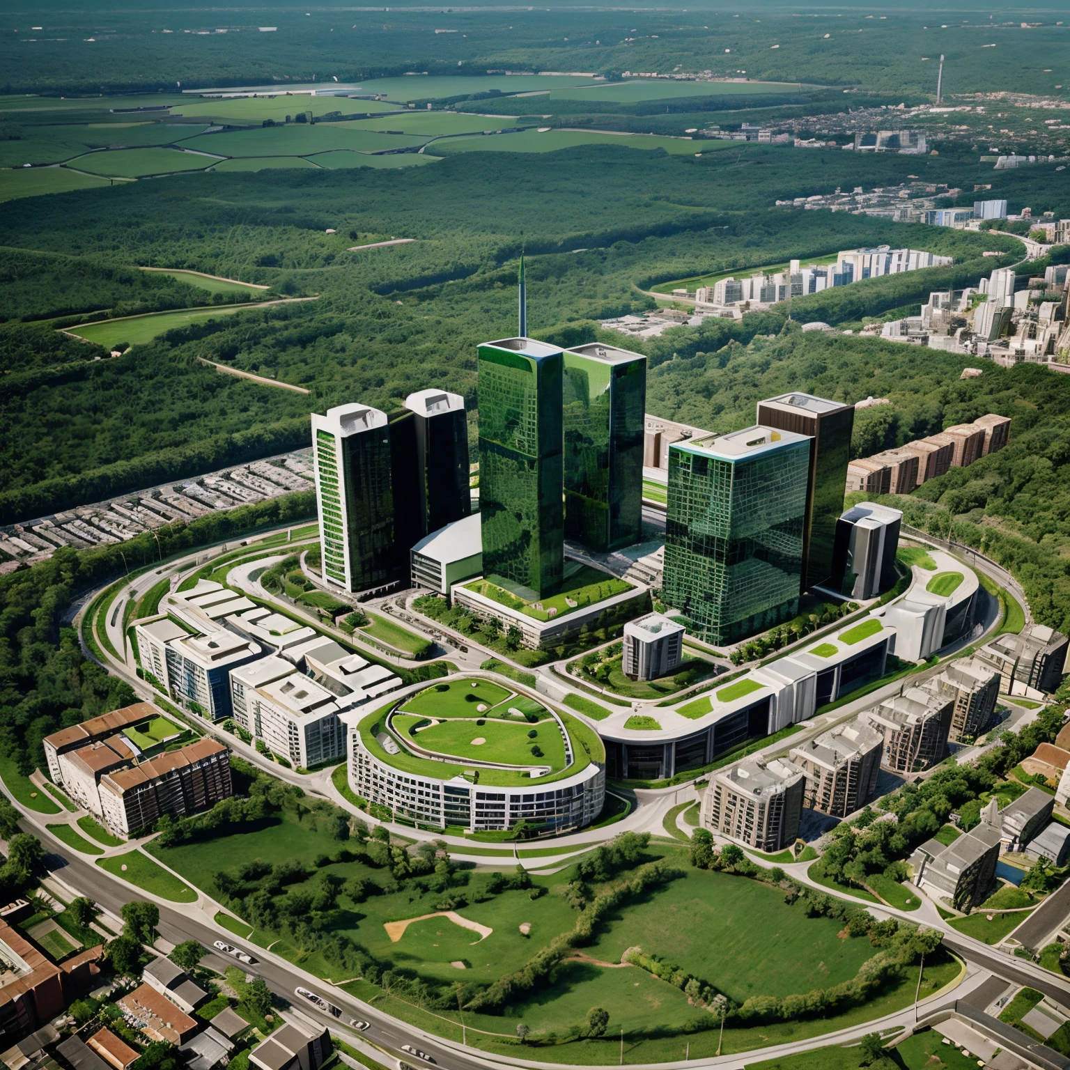 Creat a cartoony image for a green compact city from a long shot view that is a smart city