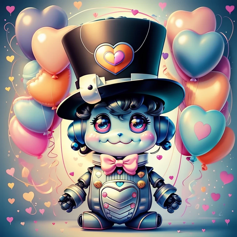 (cute  robot smiling with top hat, hearts, ballons) Munchkin ,Geometric multidimensional wall portrait, livro de arte, Tchibi,
Yang08k, Beautiful, Colouring,
Obras, of the highest quality, best quality, Arte Oficial, Beautiful and Aesthetic,