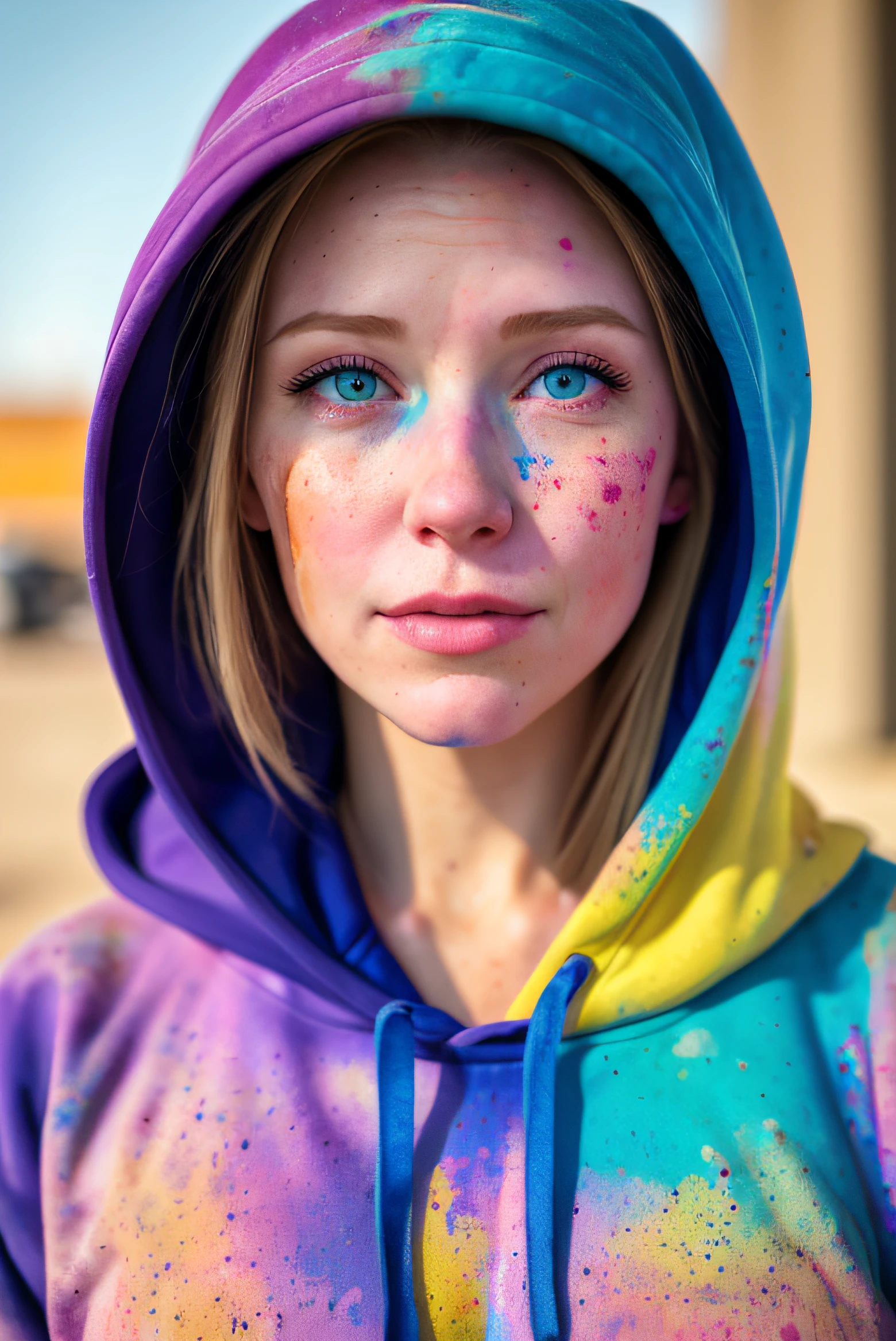 beautiful American college woman, wearing hoodie, looking at viewer, holi color festival, portrait, hyper detailed  POV, by lee jeffries, nikon d850, film stock photograph ,4 kodak portra 400 ,camera f1.6 lens ,rich colors ,hyper realistic ,lifelike texture, dramatic lighting , cinestill 800,