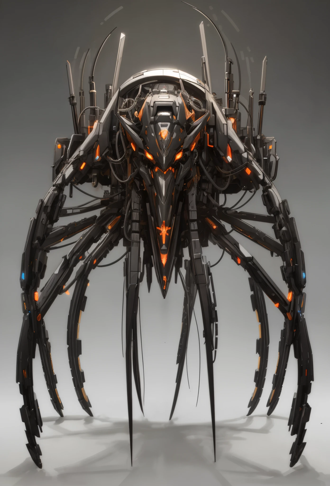 Cyberpunk art of a,mirai,Dark fantasy style,eight-legged mechanical creature,Pure black background,A high resolution, mechanically correct,复杂,meticuloso,Perfect details,Mecha design,monster design,The back of the head covered with wires,Mechanical tentacles stick out from the back,sense of science and technology,mechanical sense,Fantasyart,concept-art,unreal-engine,structurally correct,Perfectcomposition,uncanny