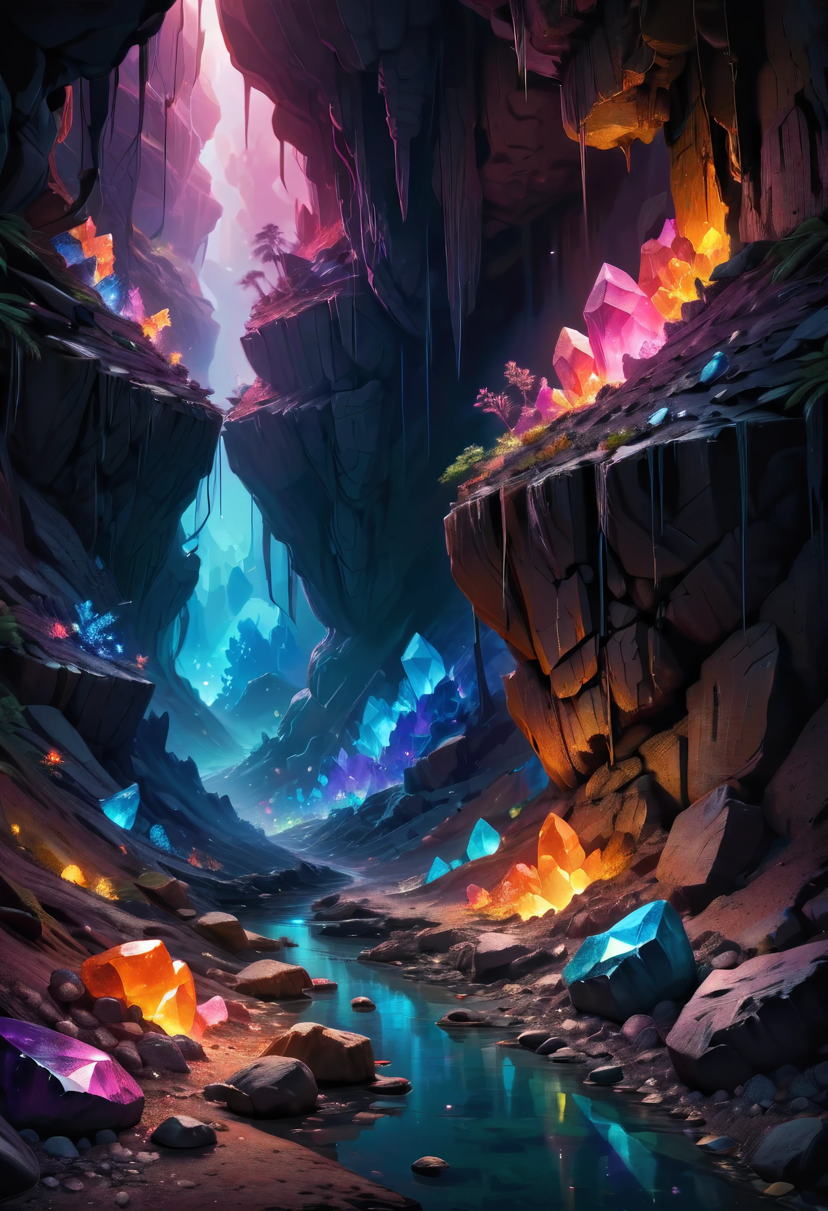 Tiny cute baby bunny in a colorful crystal cave, enchanted, floating orbs, ethereal mist, in the style of fairytale