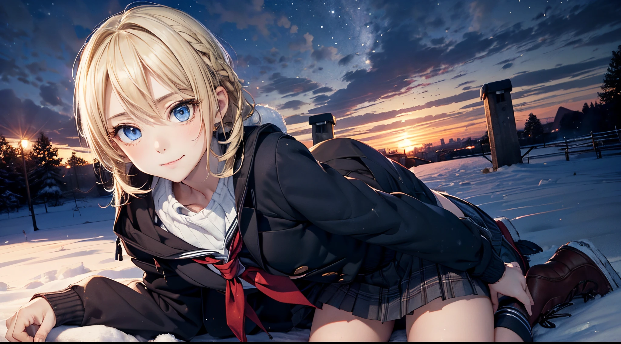 masutepiece,8K,octans, Skysky, stele(Skysky), landscapes, starrysky, natta, looks at the camera, takes off her panties, (Legs without stockings:1.iercing gaze, nigh sky, report, plein air, built, clouds, milkyway, 城市, silhuette, Cityscape,(Short, Low twin-tailed blonde hair:1.2), (Deep Blue Eyes:1.iercing gaze, small smile, (winter school uniform:1.1)