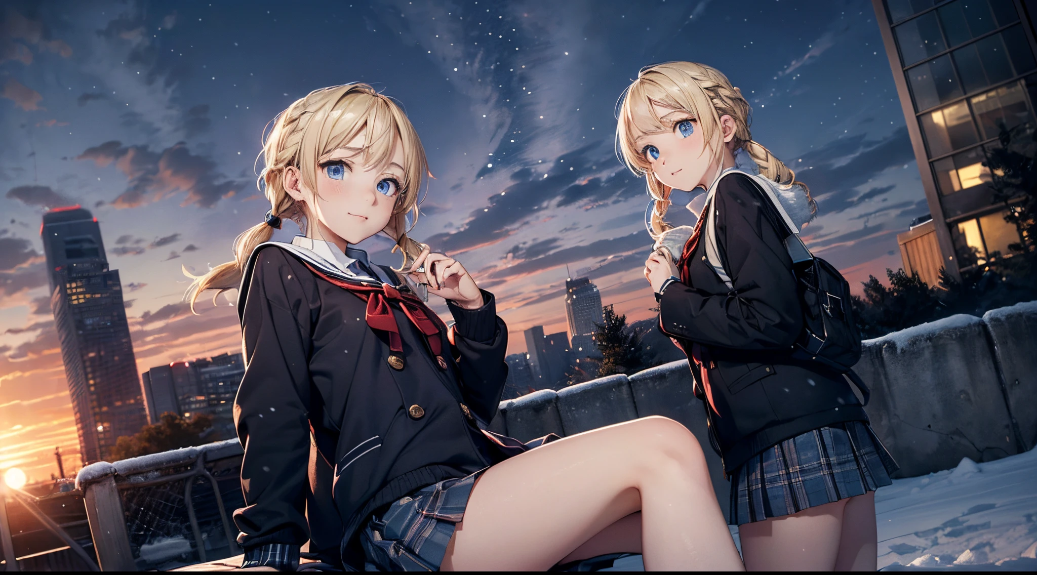 masutepiece,8K,octans, Skysky, stele(Skysky), landscapes, starrysky, natta, looks at the camera, (Legs without stockings:1.iercing gaze, nigh sky, report, plein air, built, clouds, milkyway, 城市, silhuette, Cityscape,(Short, Low twin-tailed blonde hair:1.2), (Deep Blue Eyes:1.iercing gaze, small smile, (winter school uniform:1.1)